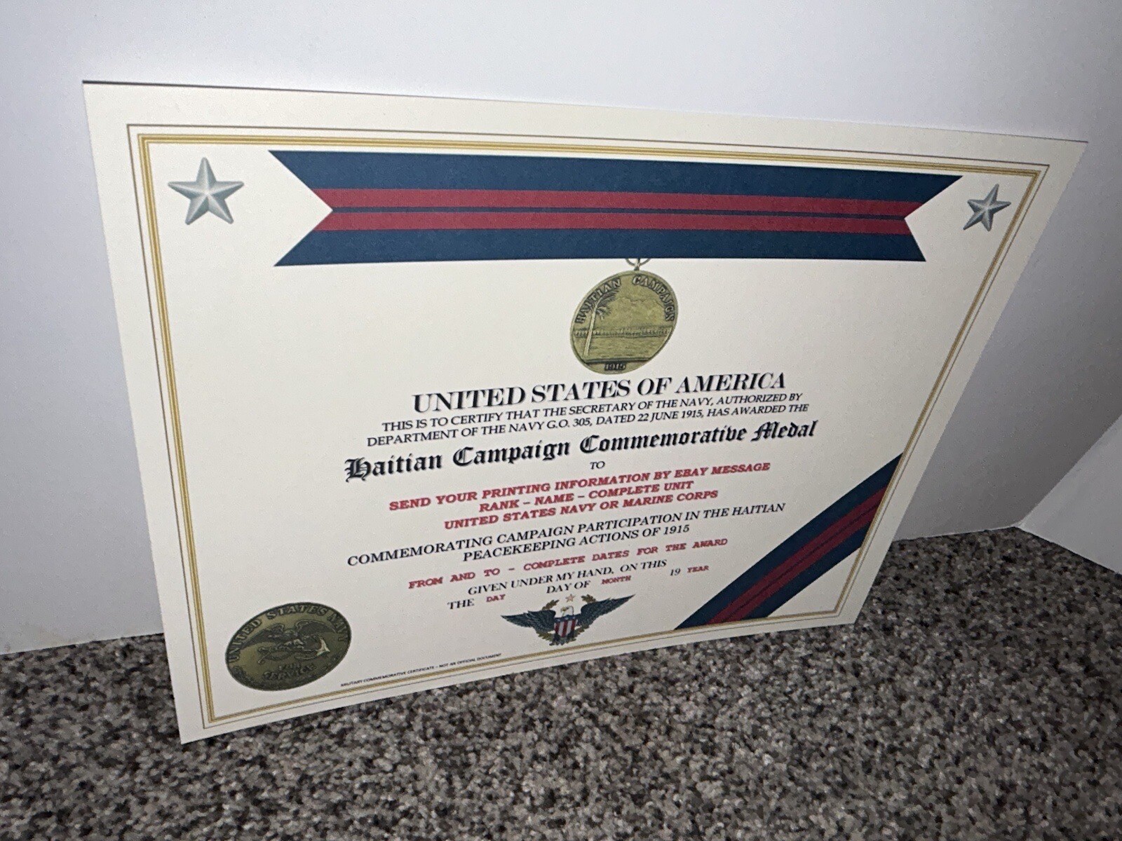 HAITIAN CAMPAIGN (NAVY) COMMEMORATIVE MEDAL CERTIFICATE ~ W/PRINTING TYPE-1