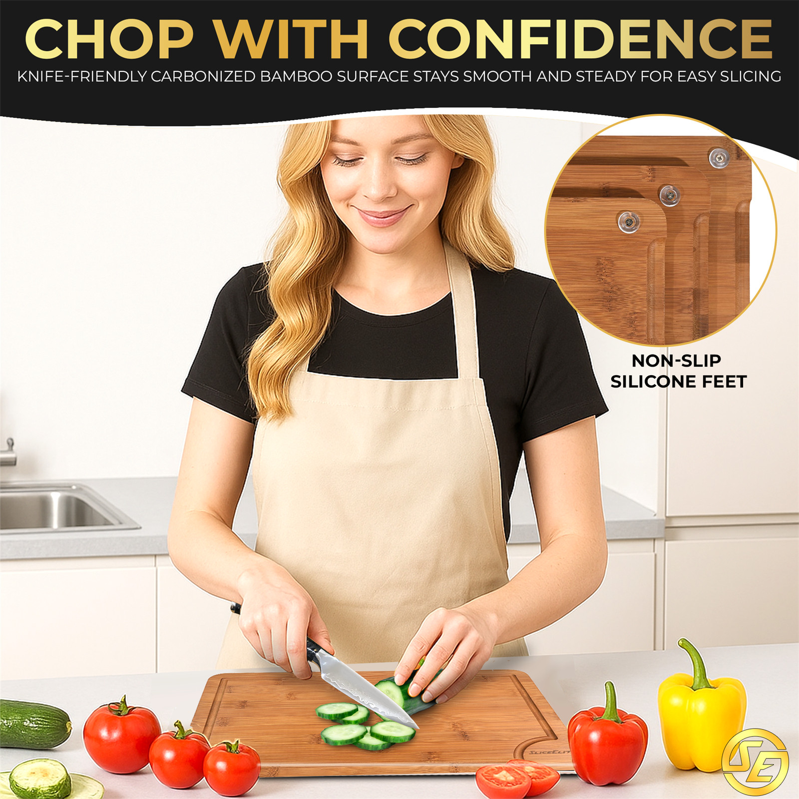 SliceElite Rich Brown Carbonized Bamboo Cutting Board Set 3 Piece with Stand