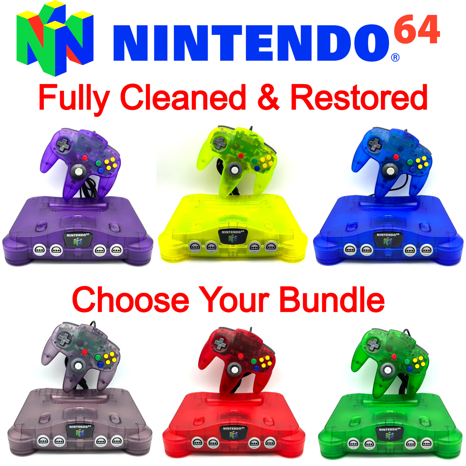 Nintendo 64 N64 *CHOOSE YOUR BUNDLE* Console + Controllers + Wires Set Funtastic