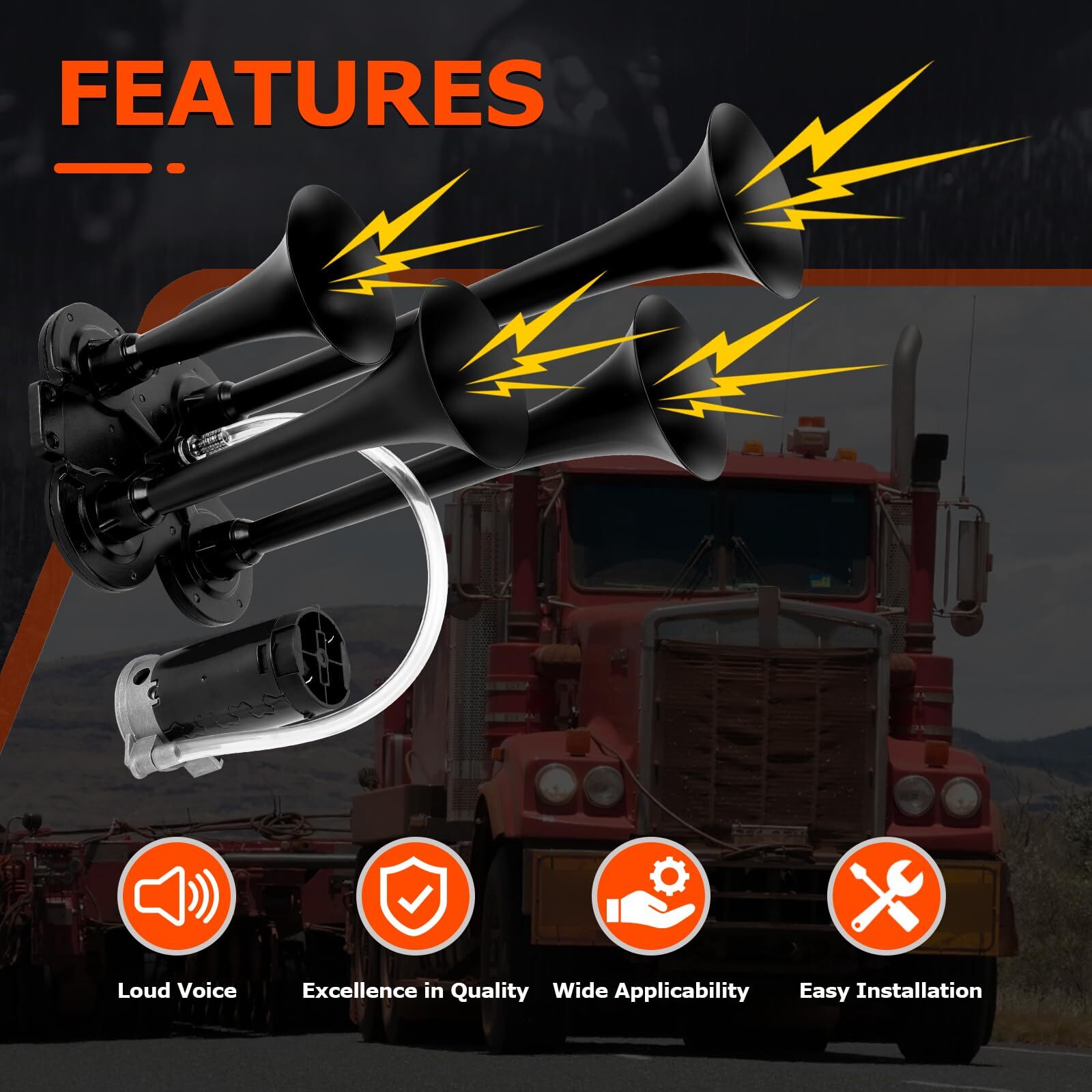 12V 185DB Loud Sound 4 Trumpet Black Train Air Horn Kit For Truck Pickup Car