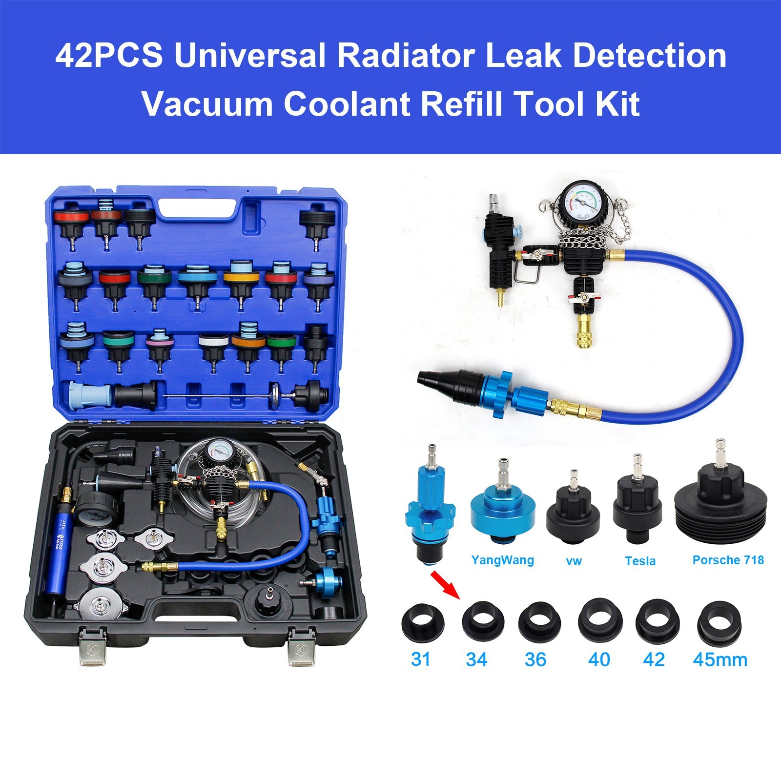 42PCS Universal Radiator Pressure Tester Kit Coolant Vacuum Refill Kit System