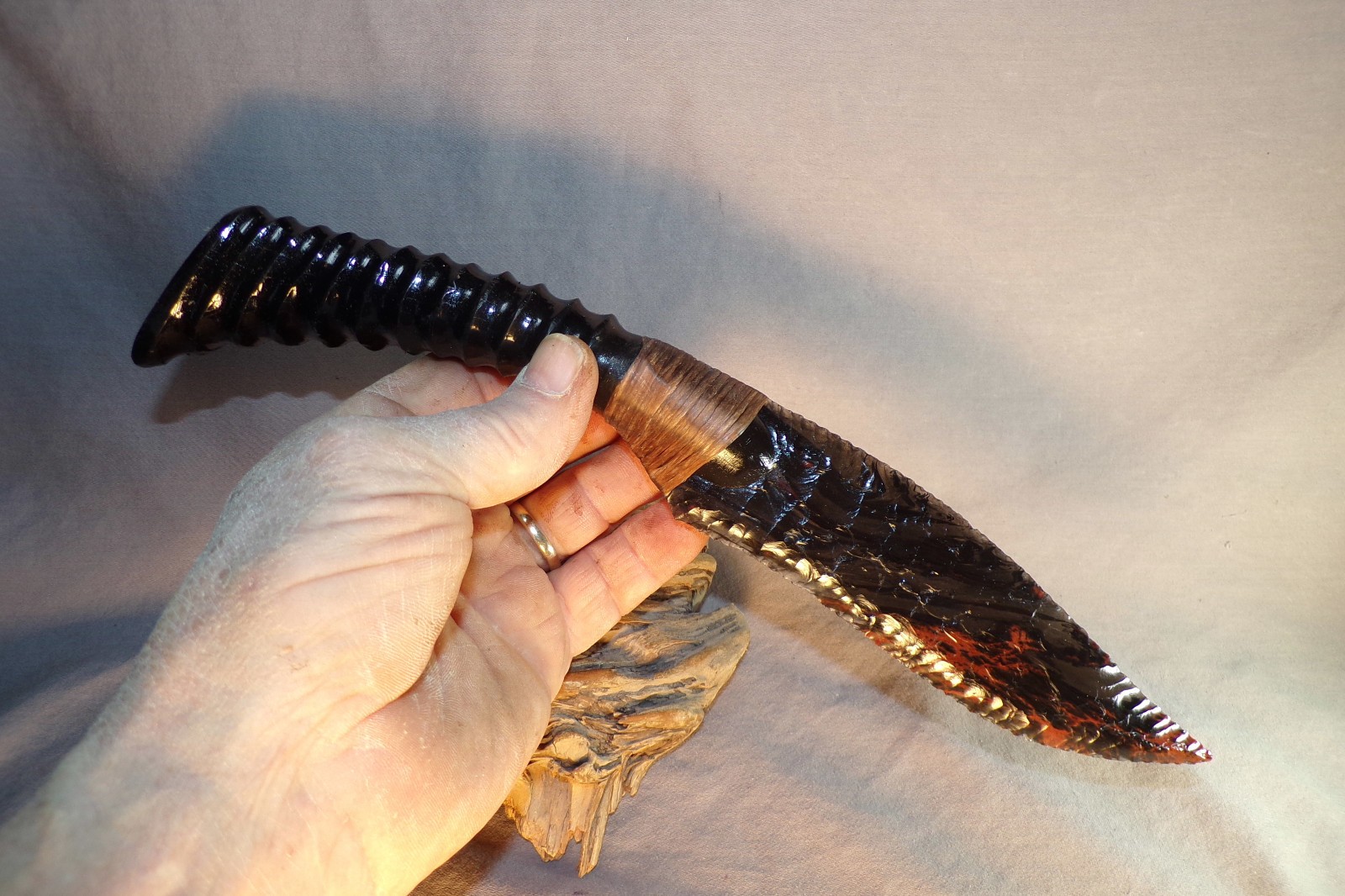 Triple Flow Obsidian Fantasy Knife African Handle Flint Knapping COA