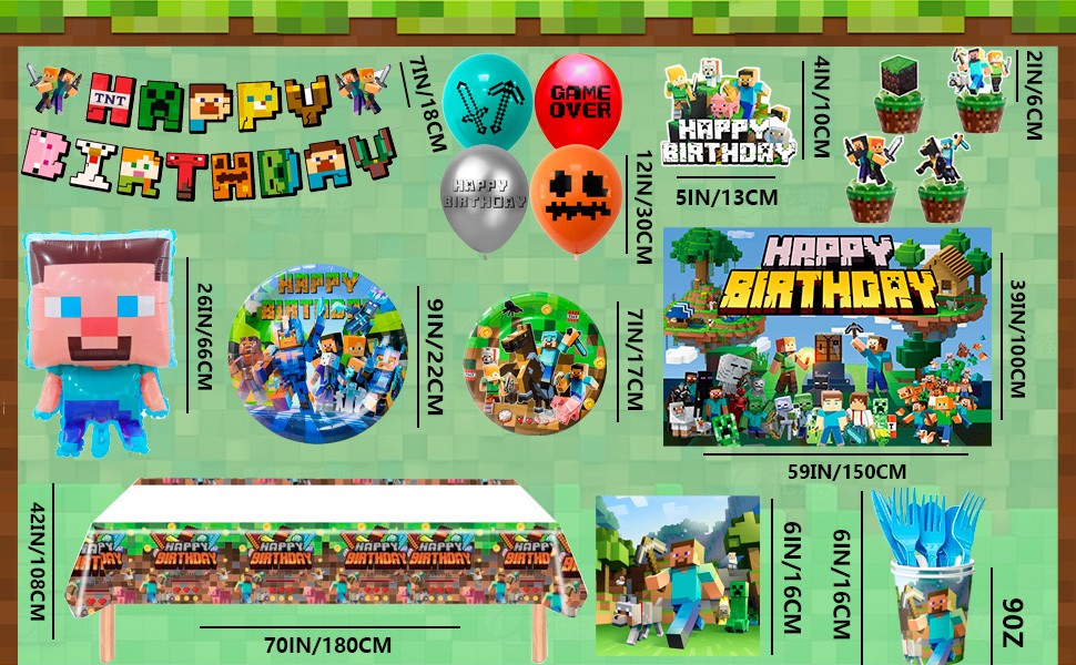 113 Minecraft Birthday Party Decorations Tableware Balloons Banner Plates Cups