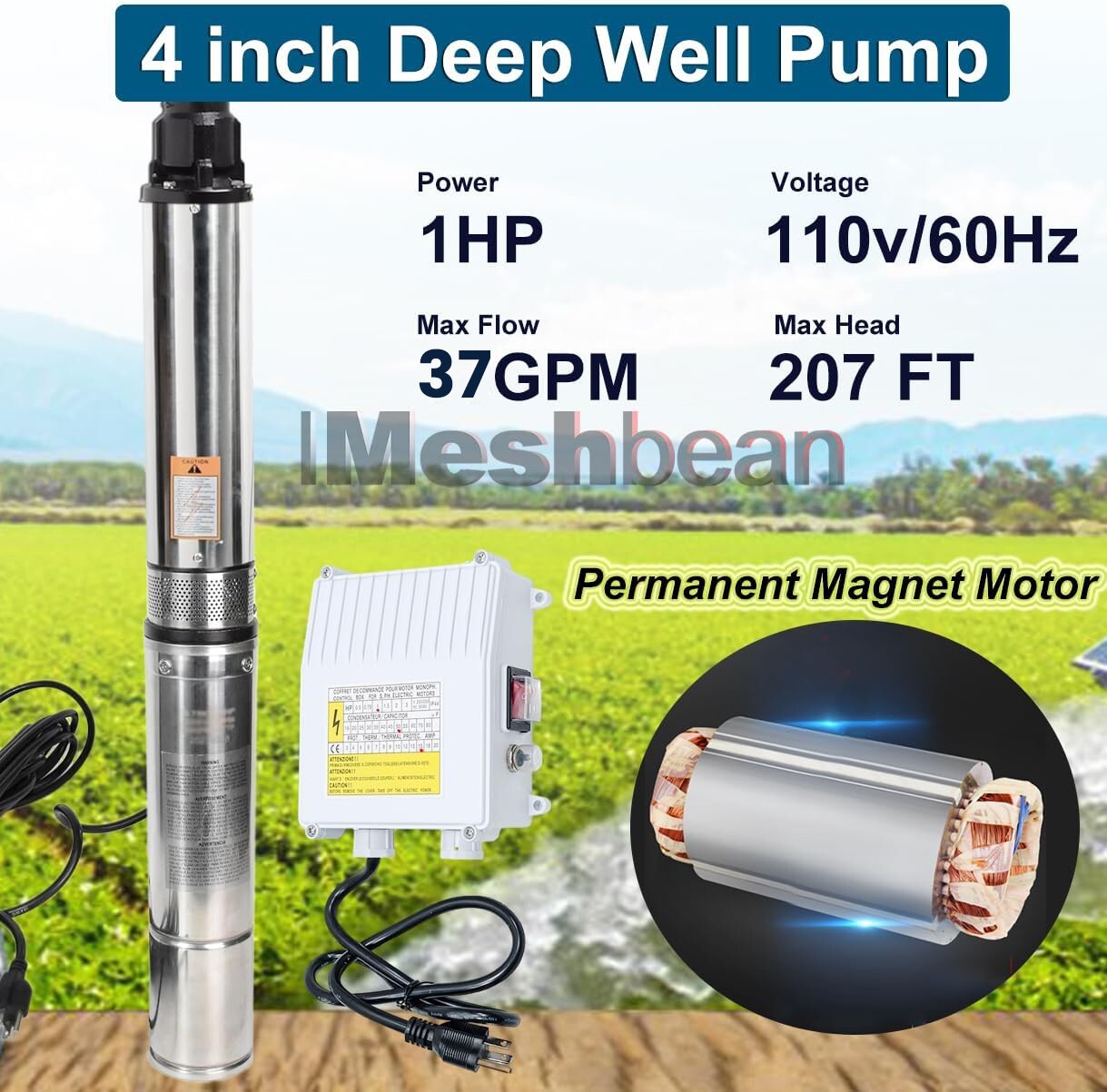 4''Deep Well Submersible Pump 1HP 207' 37GPM 110V Stainless Steel w/ Control Box