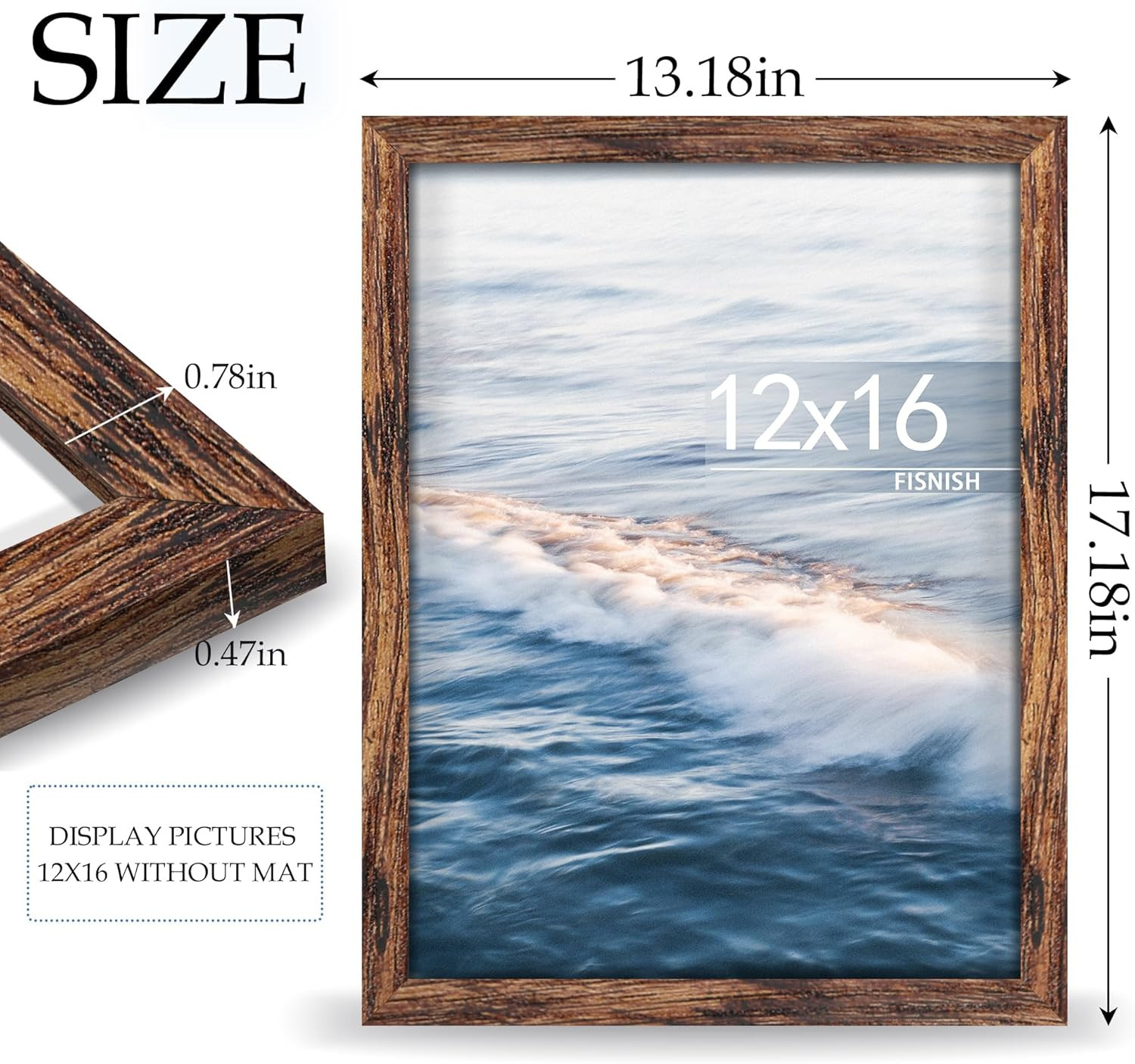 12X16 Picture Frame Brown Classic Frame for Horizontal or Vertical Wall Mounting