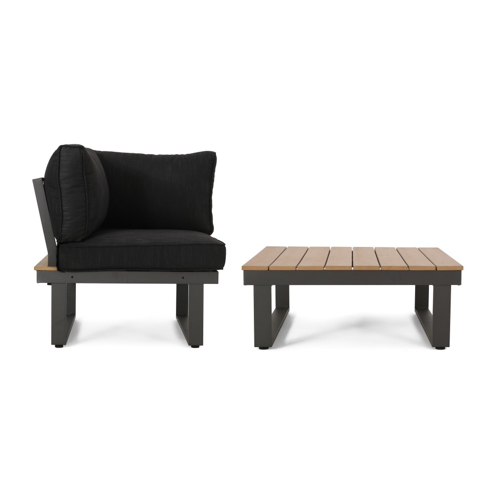 Outdoor Lounge Set: Modern Corner Chair & Acacia Wood Coffee Table w/ Cushions
