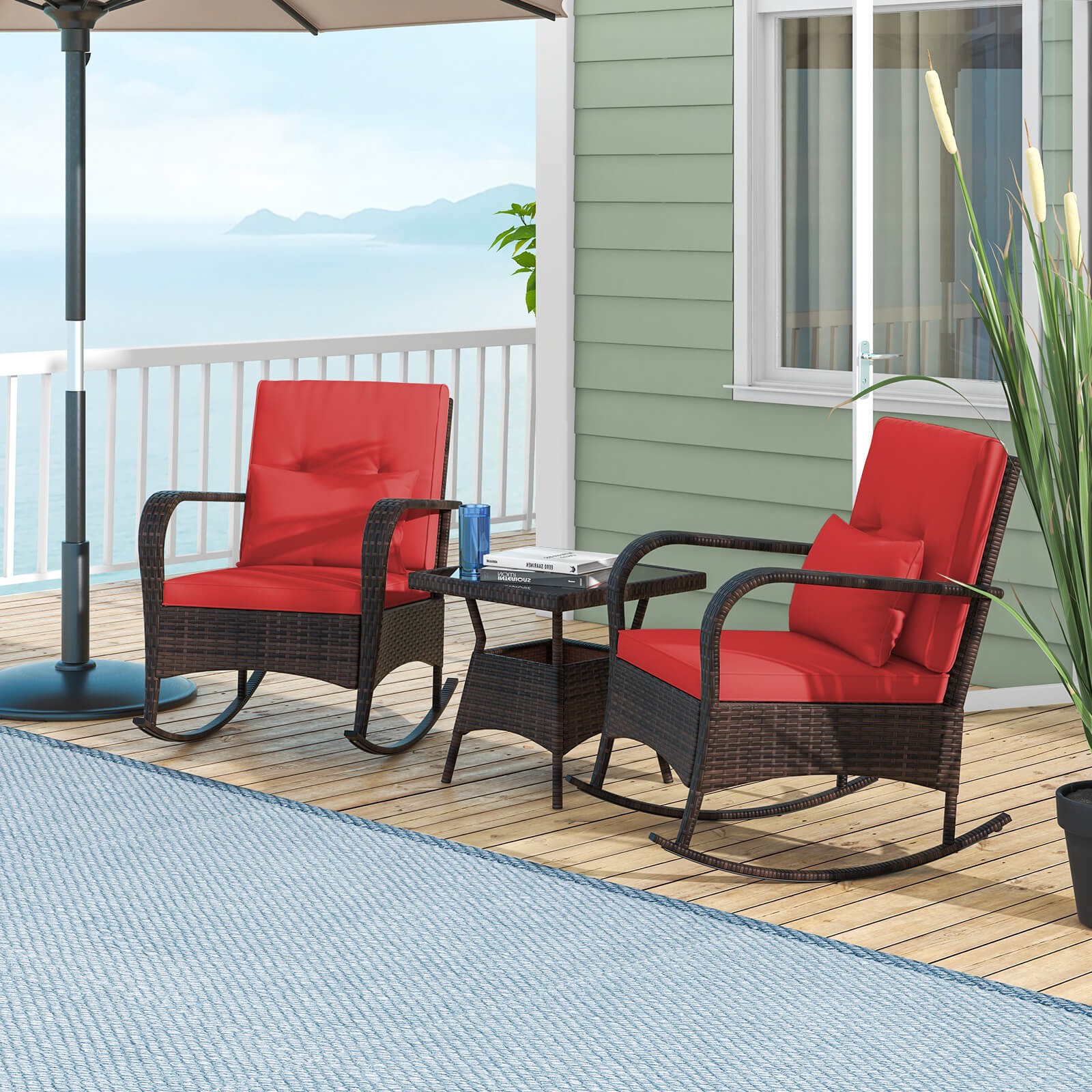 3 PCS Rocking Bistro Set w/Removable Cushions & Tempered Glass Top Coffee Table