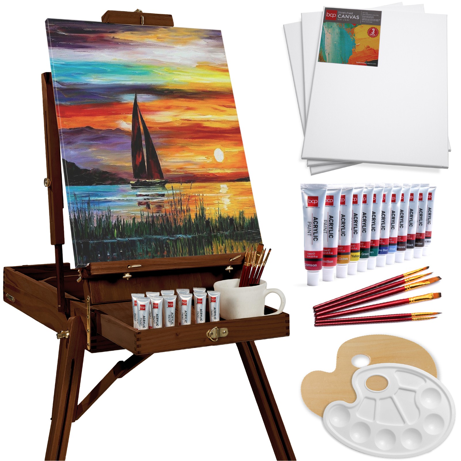Best Choice Products Portable Wooden French Easel w/ Beginners Kit 32pc