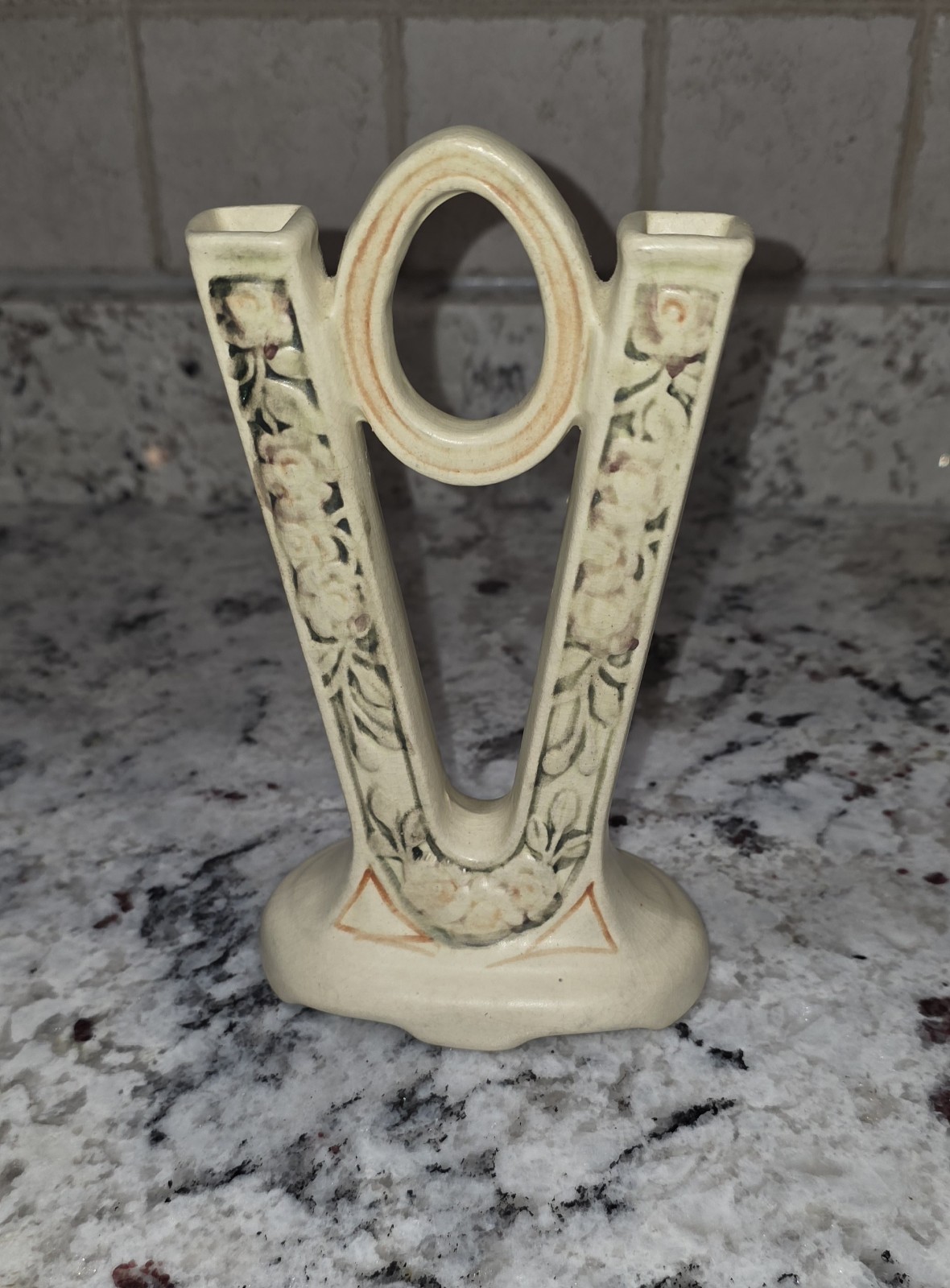 Weller Pottery Roma "V" Double Bud Vase; 1920s Antique! Pink and Green on Ivory