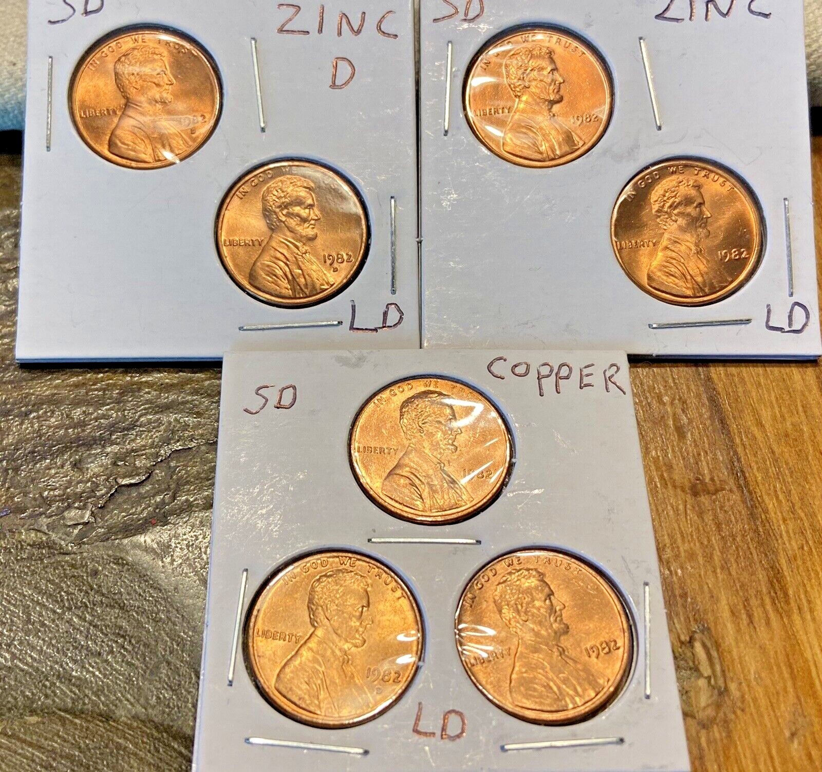 1982 P D Lincoln Cent Uncirculated 7 Coin Variety Set Small & Large Copper &Zinc