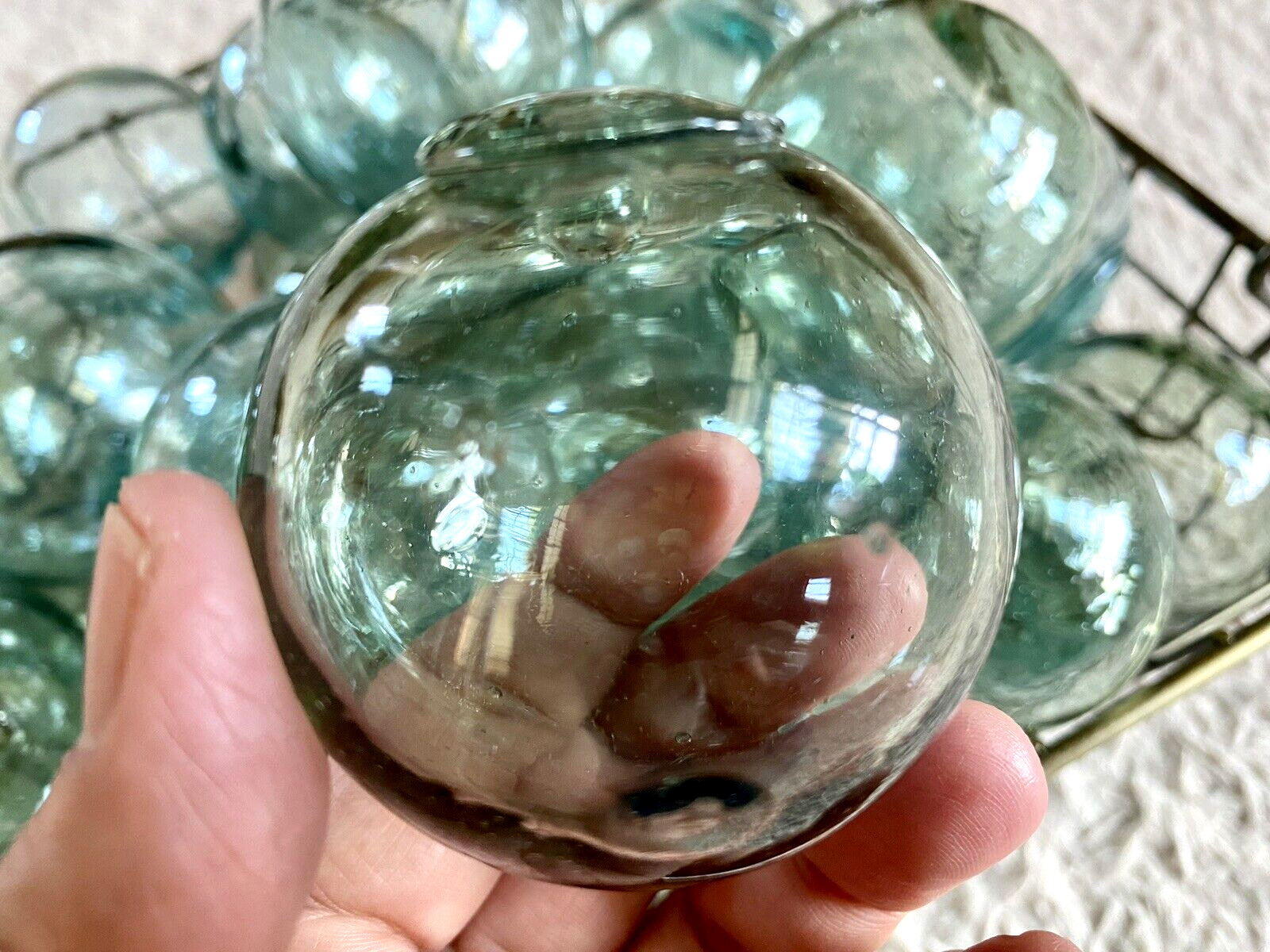 Vintage Japanese Fishing Glass Floats, Set of 12, Green & Blue - Marked, 2"-2.5"