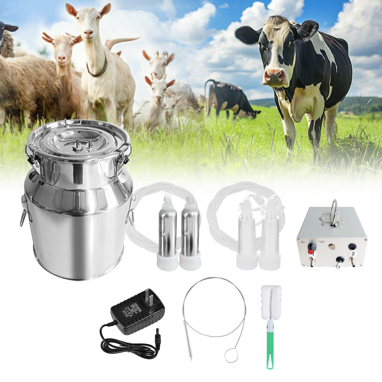 7L Portable Electric Dual Head Sheep Goat Milking Machine Cow Milker Vacuum Pump