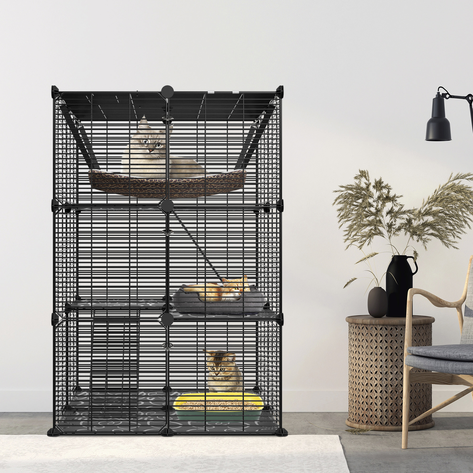1-2 Cats Cage Indoor Cat Enclosures Cat Playpen Metal Kennel w/ Large Hammock