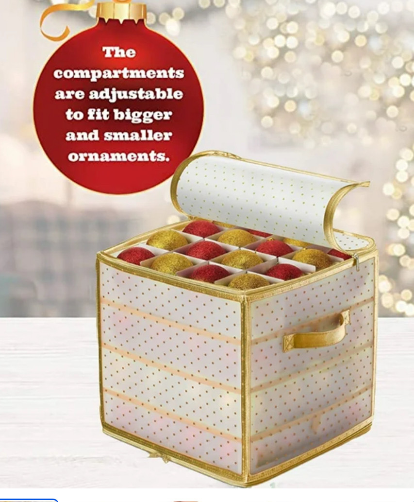 Christmas Ornament Storage Box 2-Sided Dual-Zipper 64 Ornaments (13.5x13") Gold