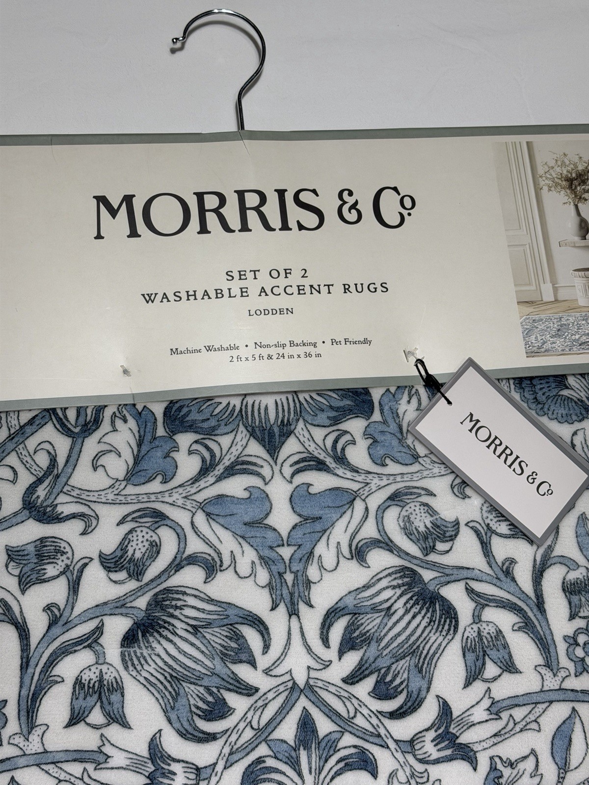 NEW Morris & Co 2 Piece Accent Rug Set Lodden Blue White 2'x5' Washable 24"x36"