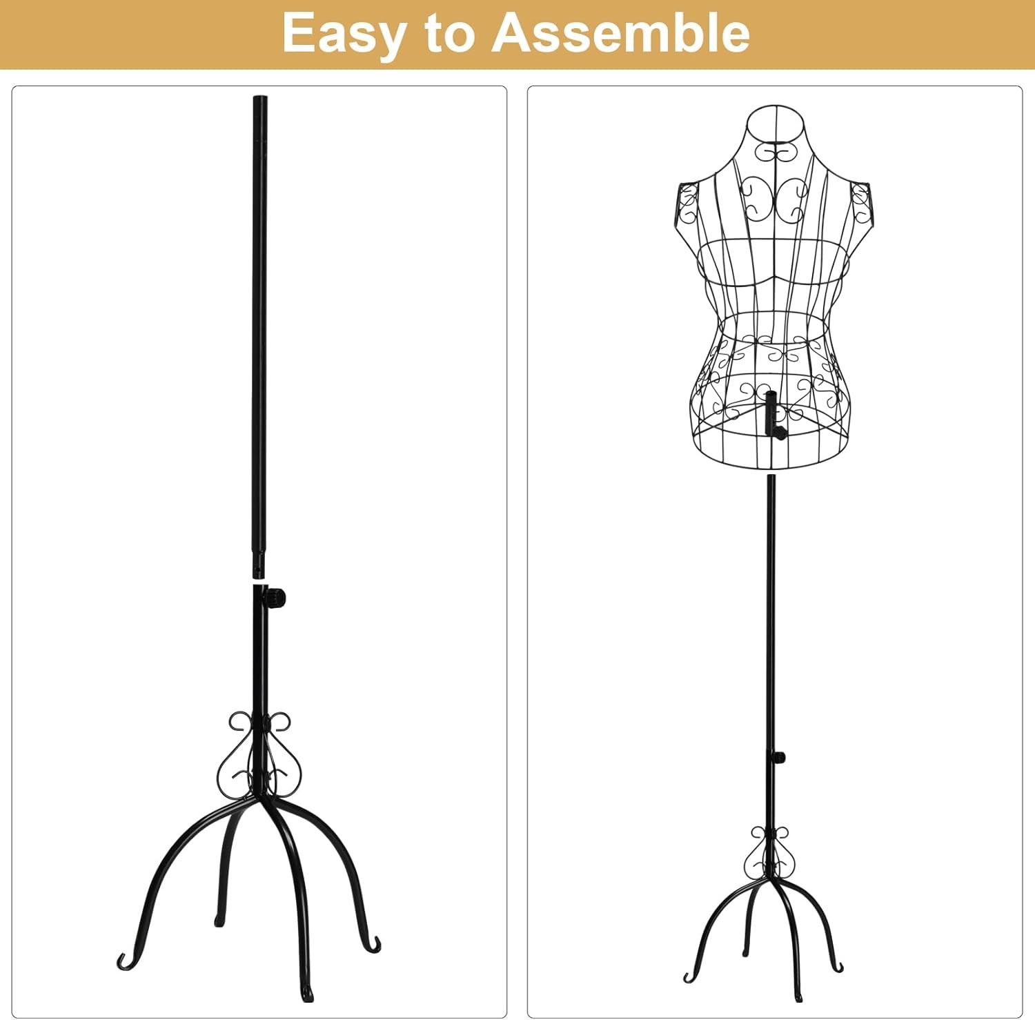 Vintage Wire Dress Form, Adjustable Height 44-65in, Black Metal Mannequin Decor