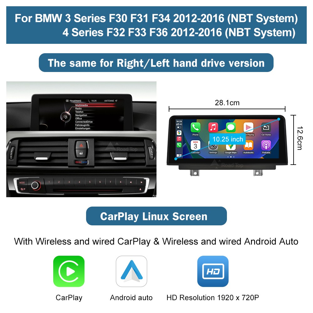 10.25"CarPlay Linux Touch Screen For BMW 3 4 serie F30 F31 F32 F33 F34 F36 NBT