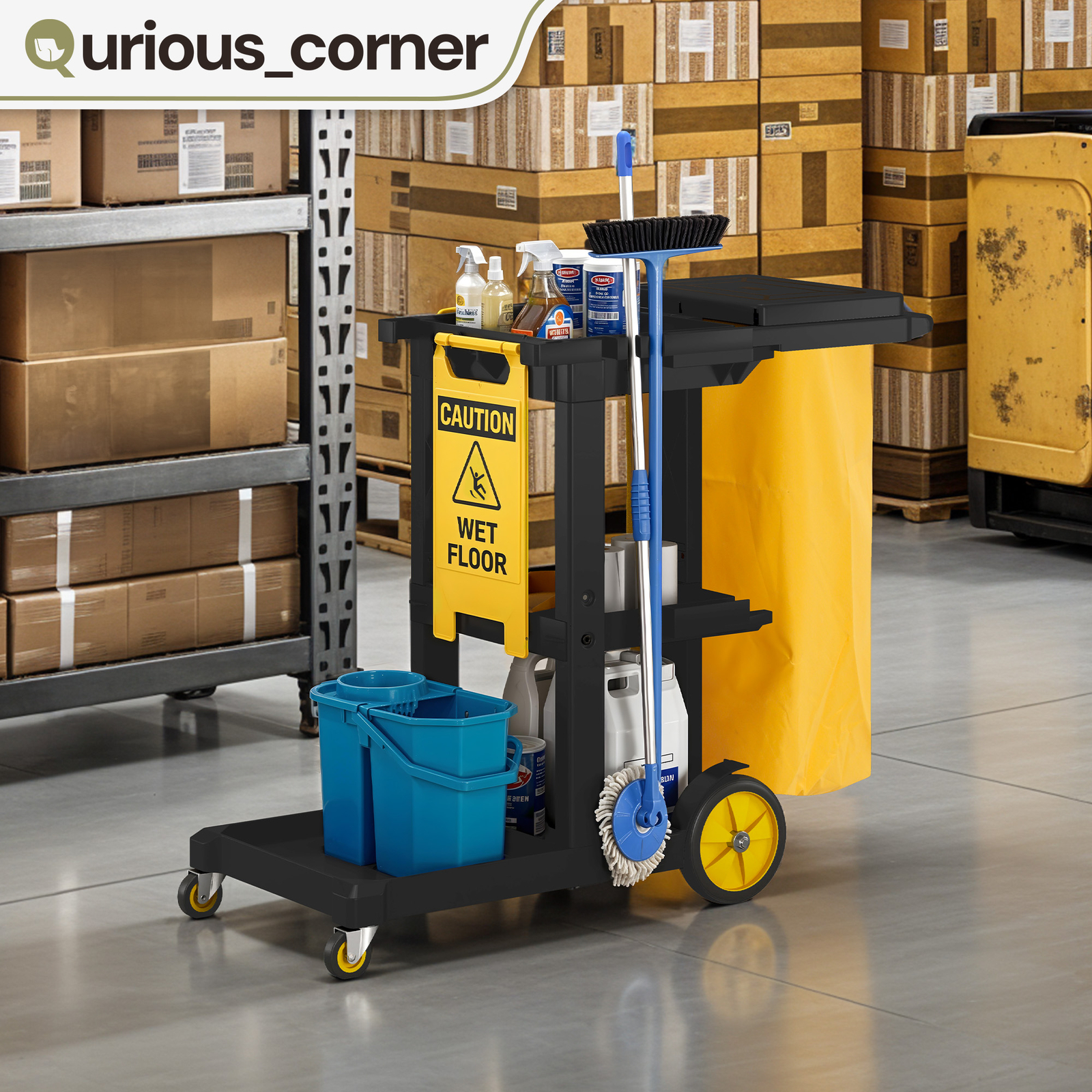 Industrial Janitorial Utility Cart 3 Shelf Rolling Cleaning Cart with Trash Bags