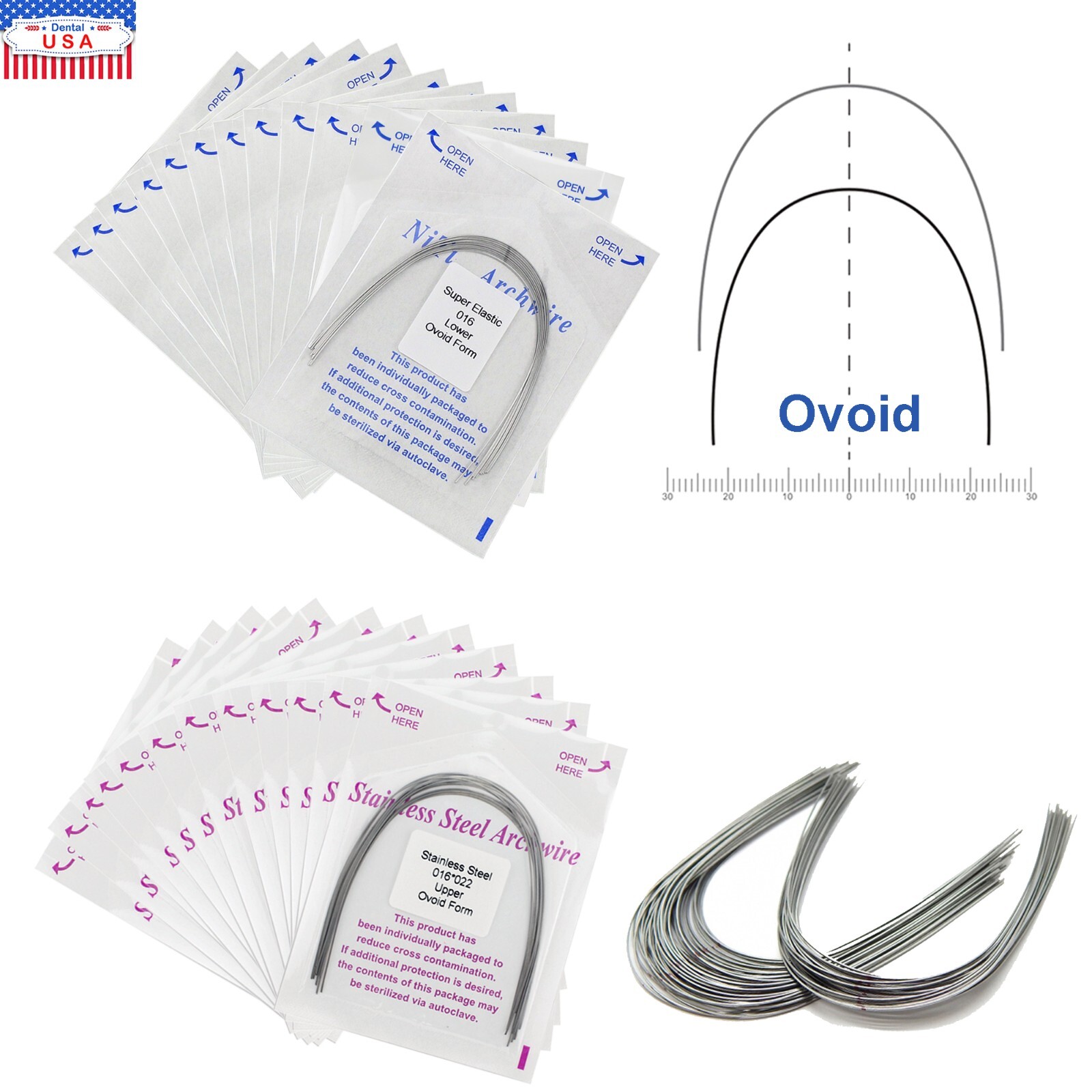 100Pcs Dental Orthodontic Arch Wire NiTi Stainless Steel Ovoid Round Rectangular