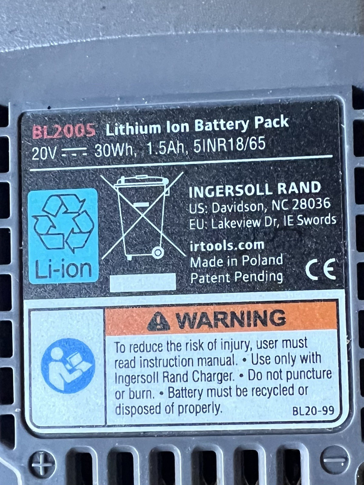 Ingersoll Rand 20 Volt 1.5Ah Li-ion Battery Pack - 5 Pack - PARTS ONLY -BL2005
