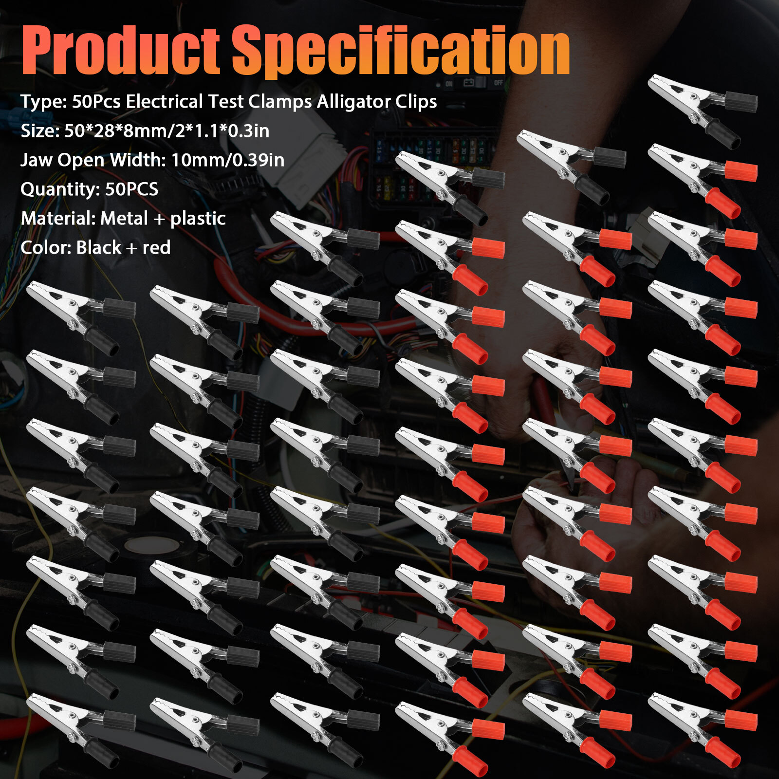 50Pcs Electrical Test Clamps Metal Alligator Clips with Red & Black Handle Bulk
