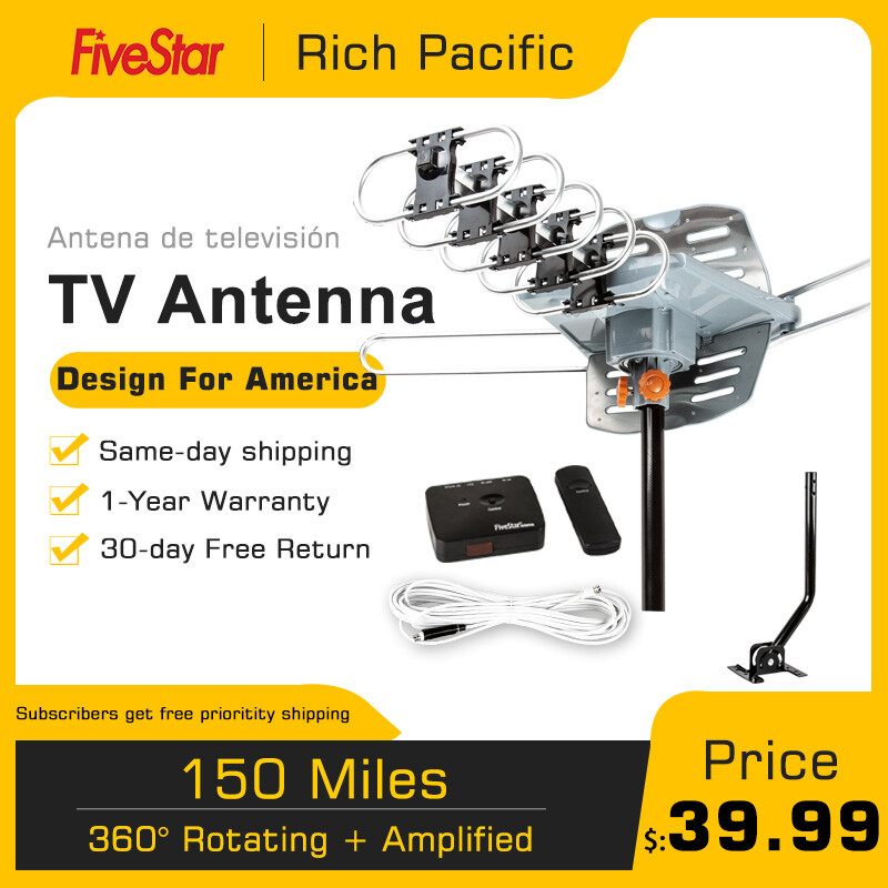 990 Mile HDTV Outdoor Amplified TV Antenna 36dB Rotate 360° UHF VHF FM with Pole