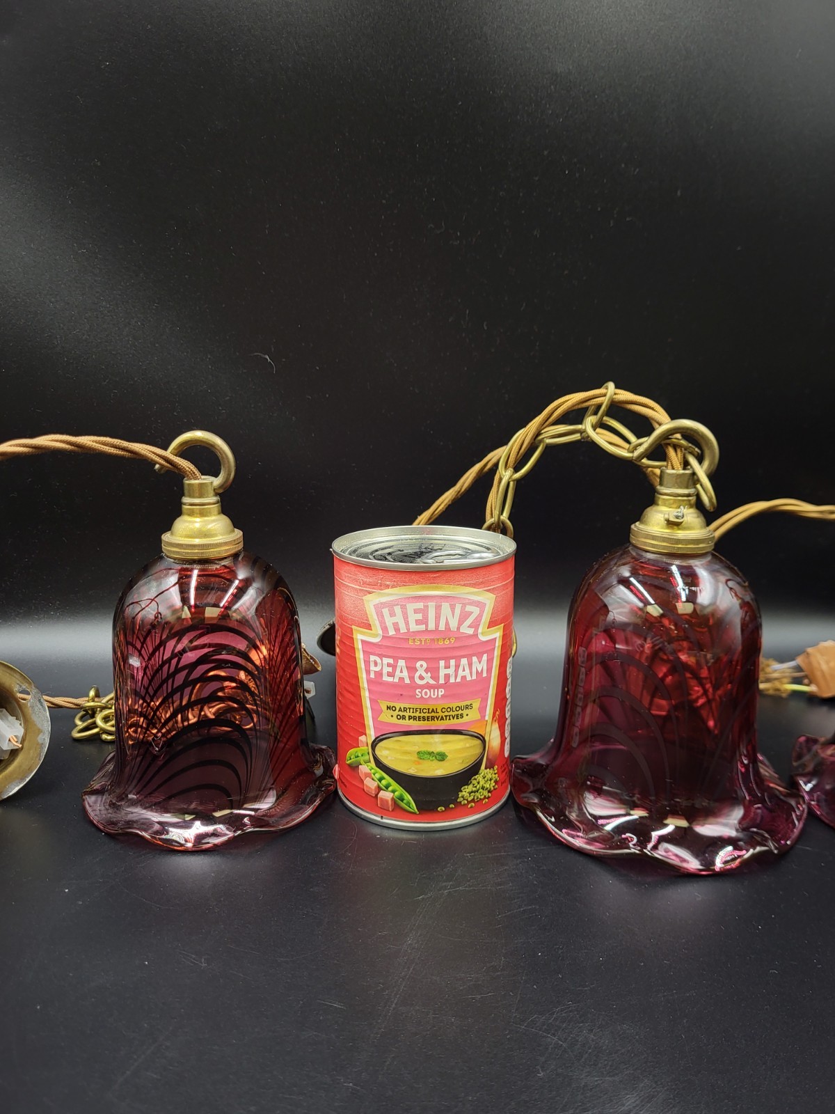 Set Of 4 Vintage Cranberry Swirl Glass Pendant Lamps, Ceiling Roses, Chains