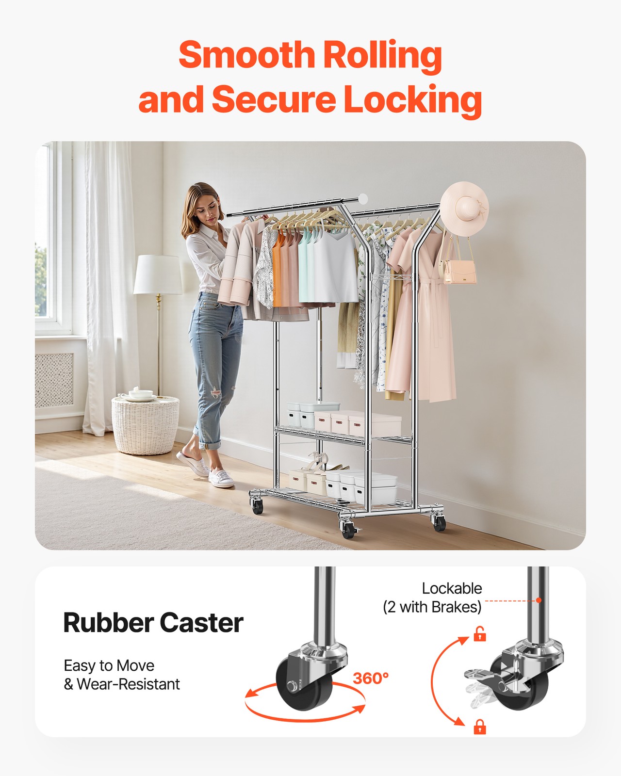 Uimoso Rolling Clothes Rack Garment Rack with Wheels & Storage Adjustable Height