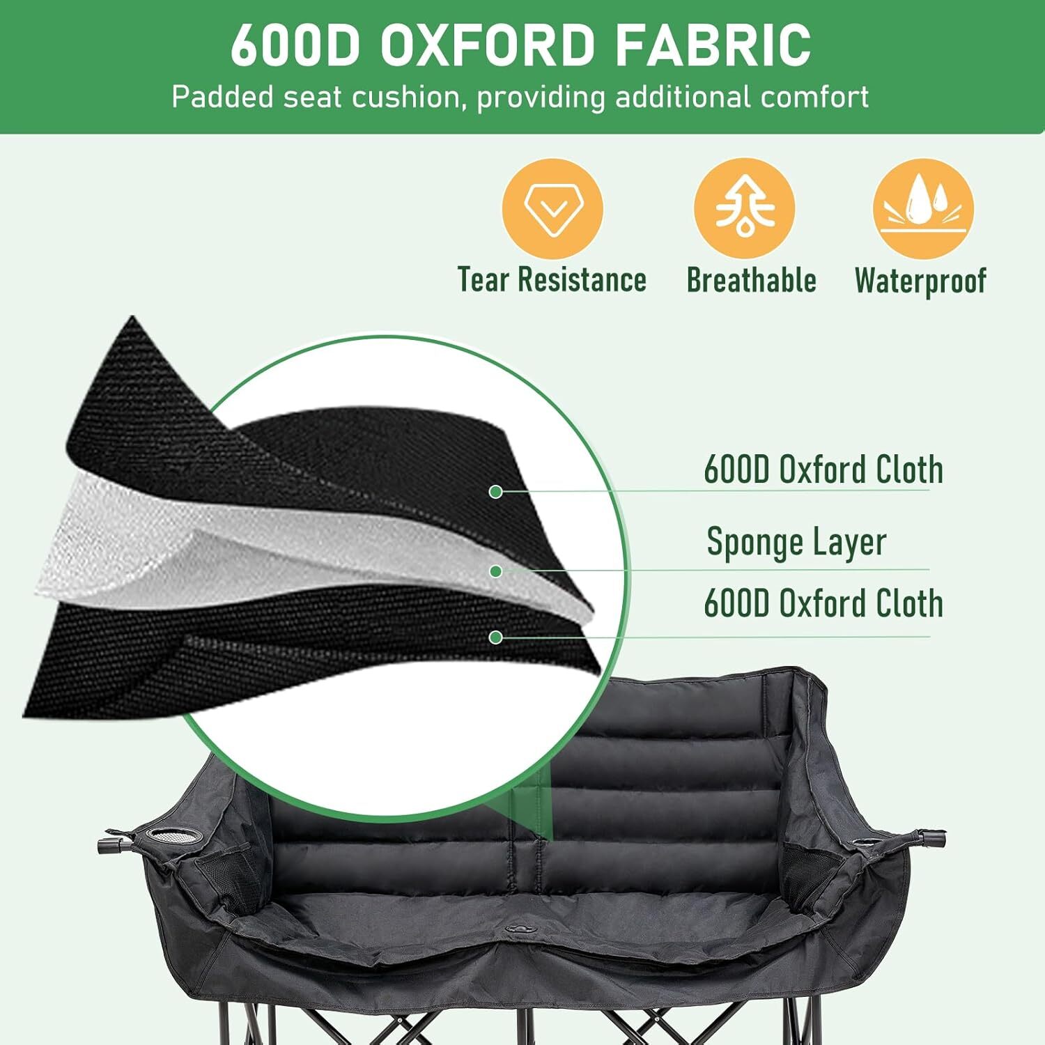 H&ZT Double Camping Chair, Fully Padded Folding Camping Loveseat Duo Chair 600lb