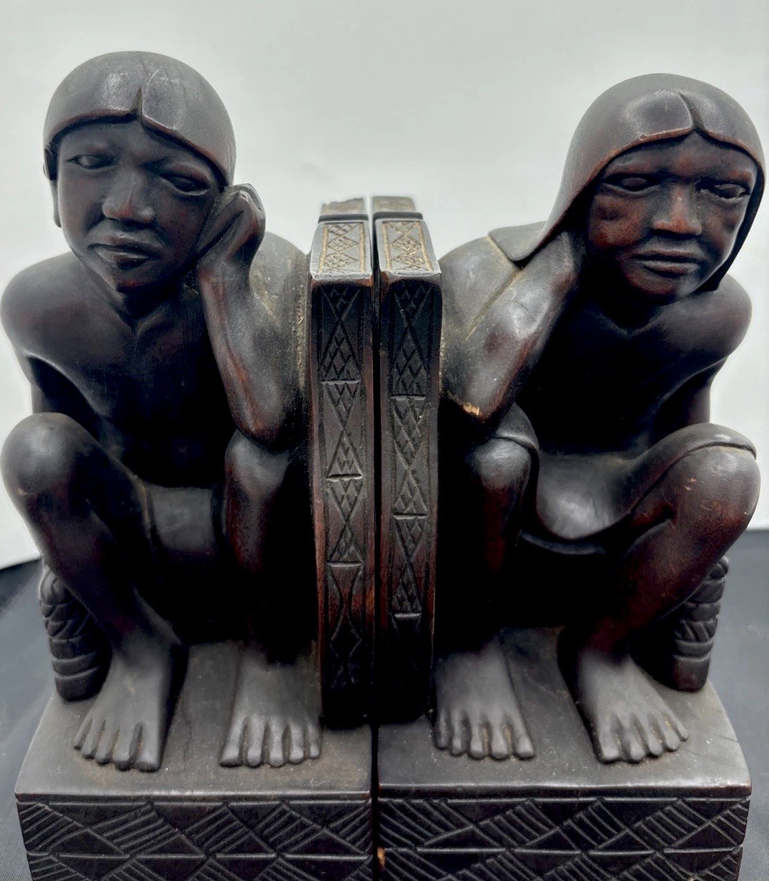 PAIR OF VINTAGE Hand Carved WOOD BOOKENDS FROM- TRIBAL MALE FIGURES