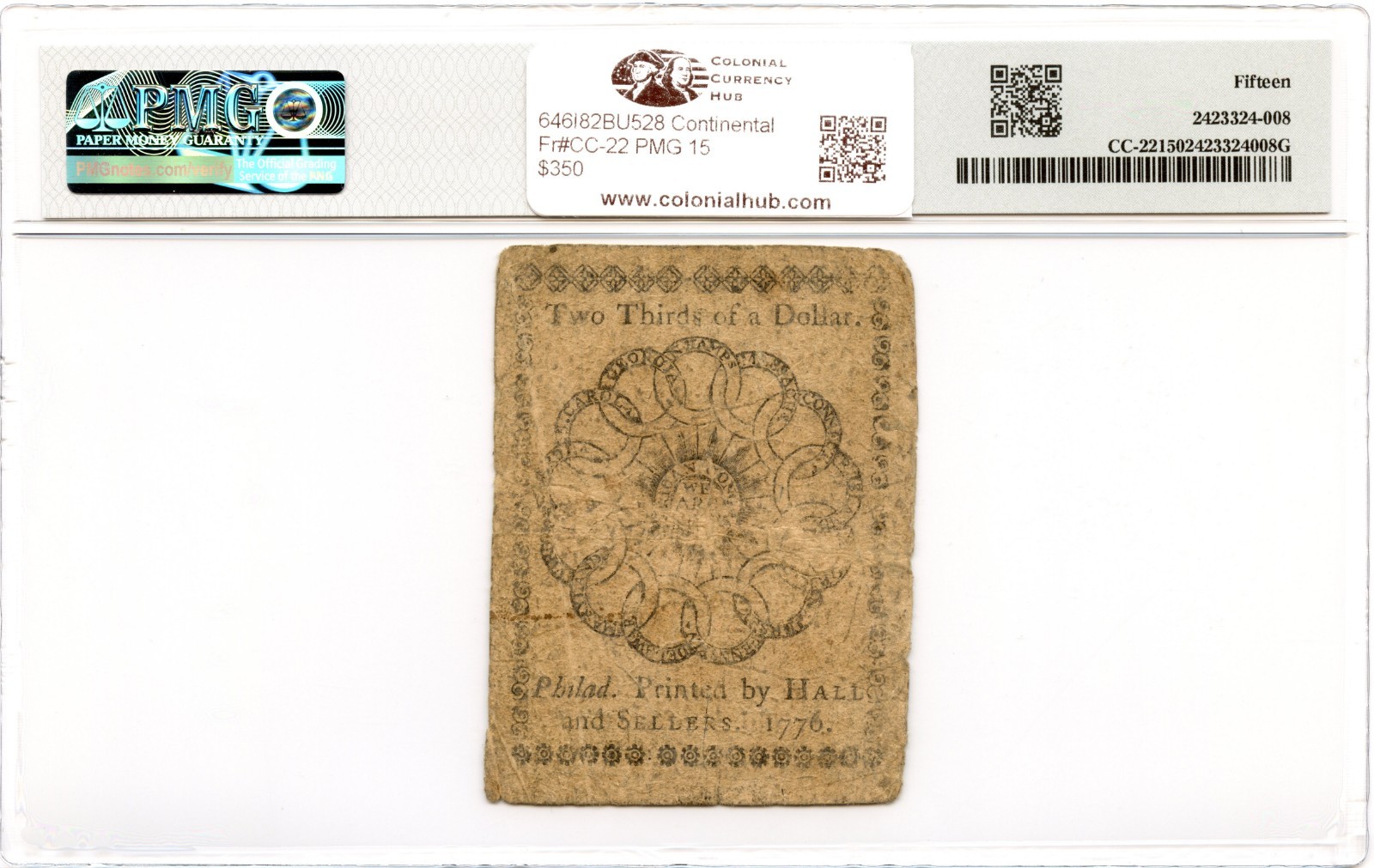 Continental Currency Fr#CC-22 February 17, 1776 $2/3 PMG F-15 *Fugio Note*