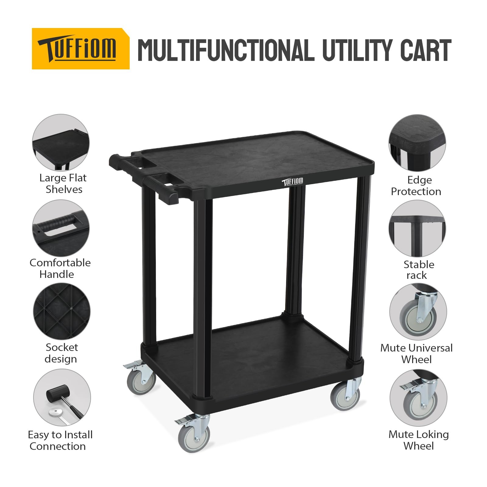3-Tier Plastic Service Utility Cart, Rolling Flat Cart with Wheels,Black