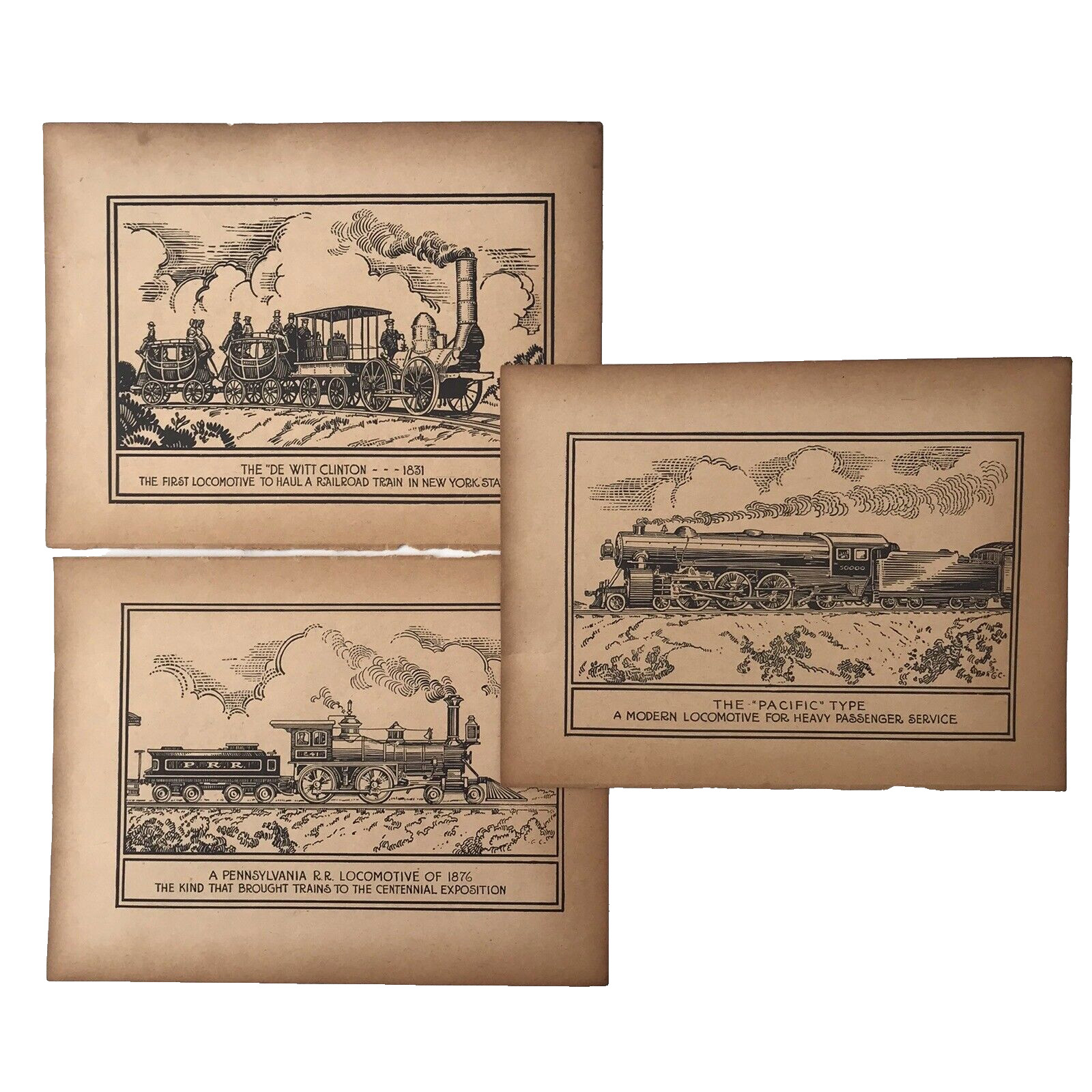 US Railroad Train Engines Early Locomotive 5 Blackline Art Prints 3 pgs Antique