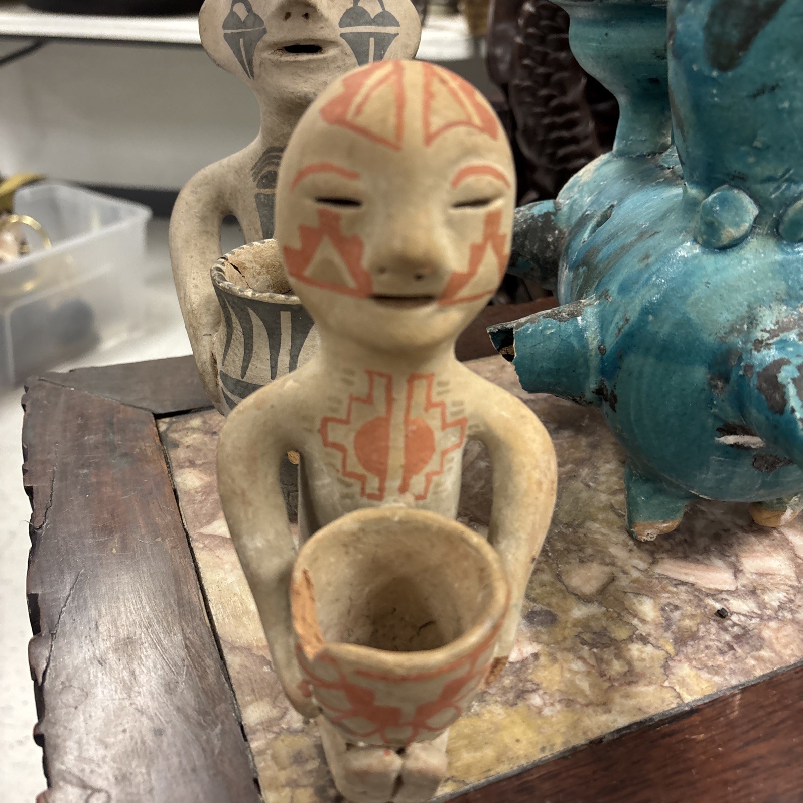 Late 1800s - Very Early 1900s Tesuque Pueblo Pottery Rain God 2 Pieces