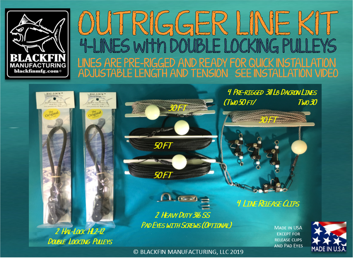Outrigger Rigging Kit 4 Lines 50/30 FT + Hal-Lock Double Pulleys + Release Clips