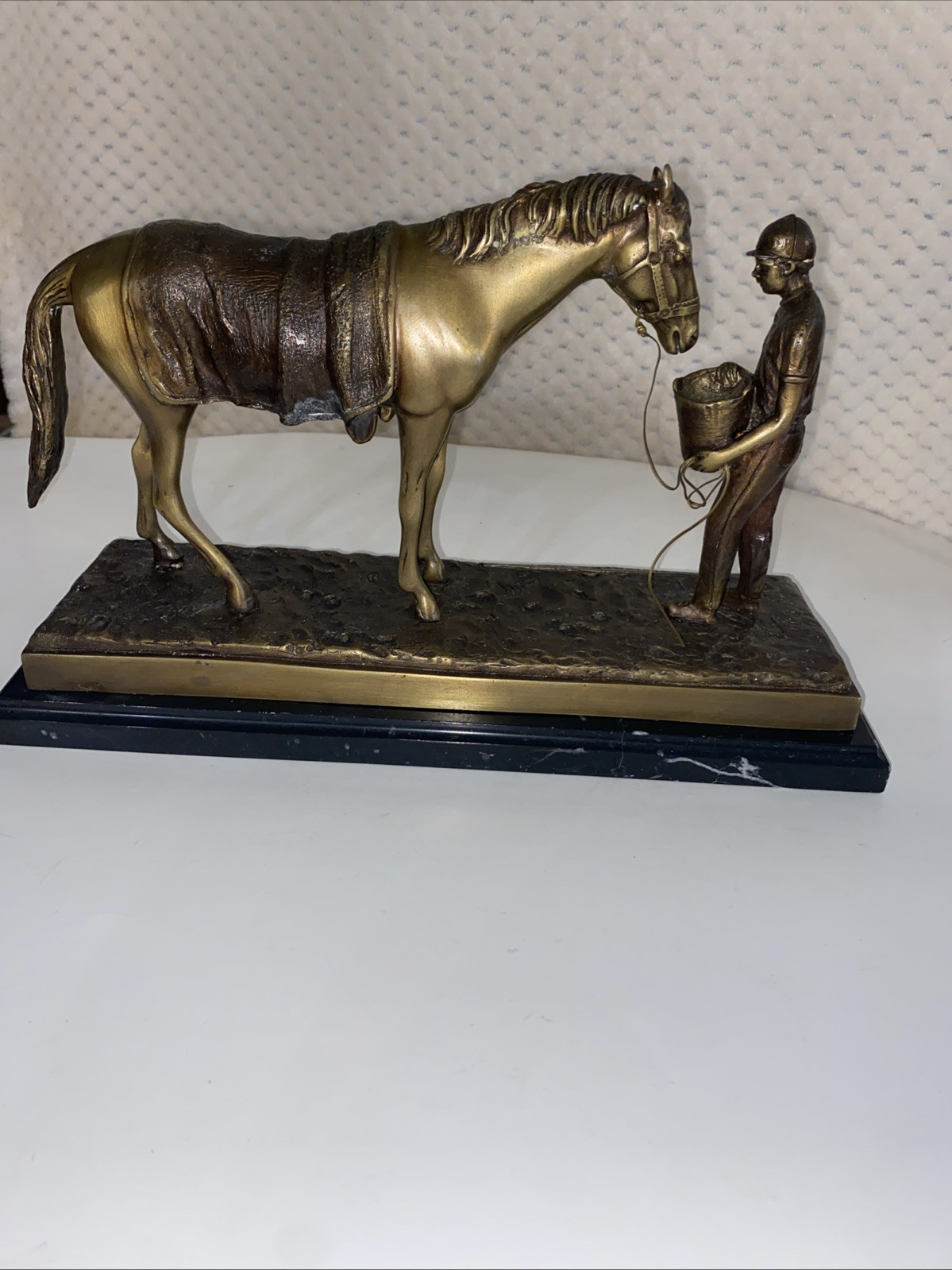 Delaware Park Bronze Sculpture Feeding Horse with Jockey on Marble Base Vintage