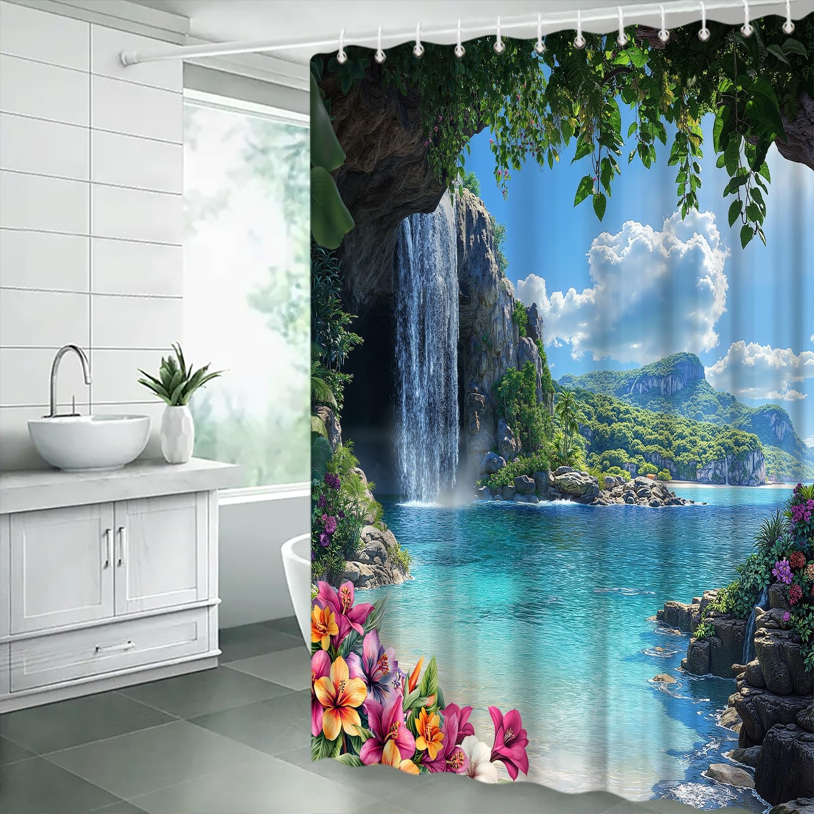 Tropical Ocean Shower Curtain Blue Sea Leaves Floral Hawaii Nature 1 PCS
