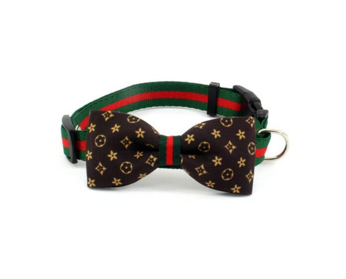 Dog Cat Collar Plaid Bow Tie Removable ~ Brown / Beige ~ Luxury Stripe S M