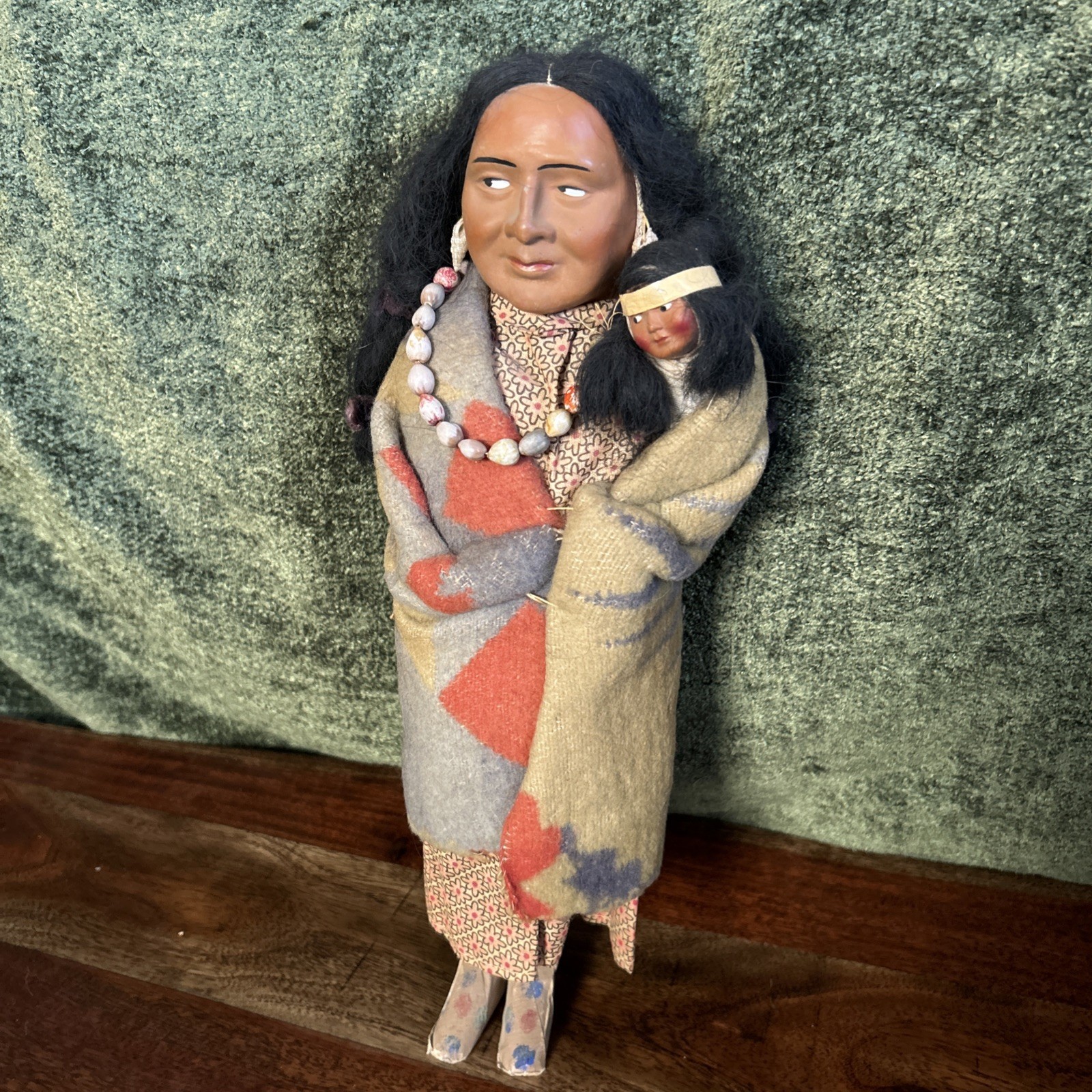 1940s Skookum Bully Good Indian Doll & Papoose 15” Native American