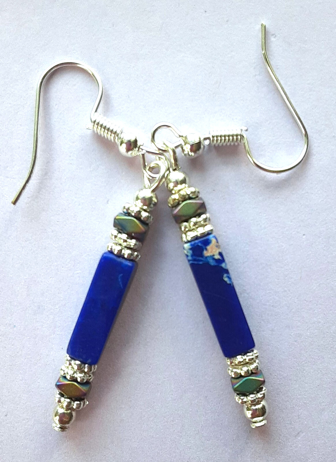 JASPER royal blue Hematite Crystal earring SP Fish Hook handcrafted XGE