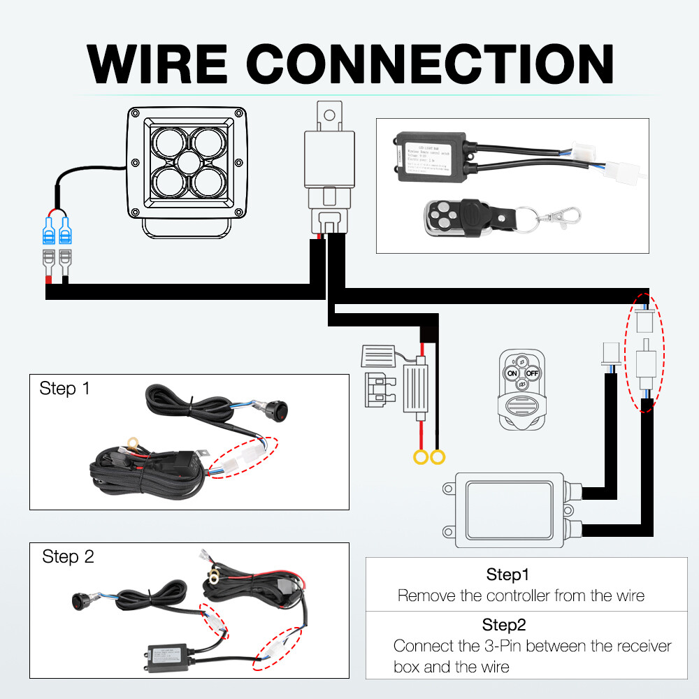 Wireless Remote Control Switch Strobe + 2-Lead Wiring Harness Kit LED Light Bar