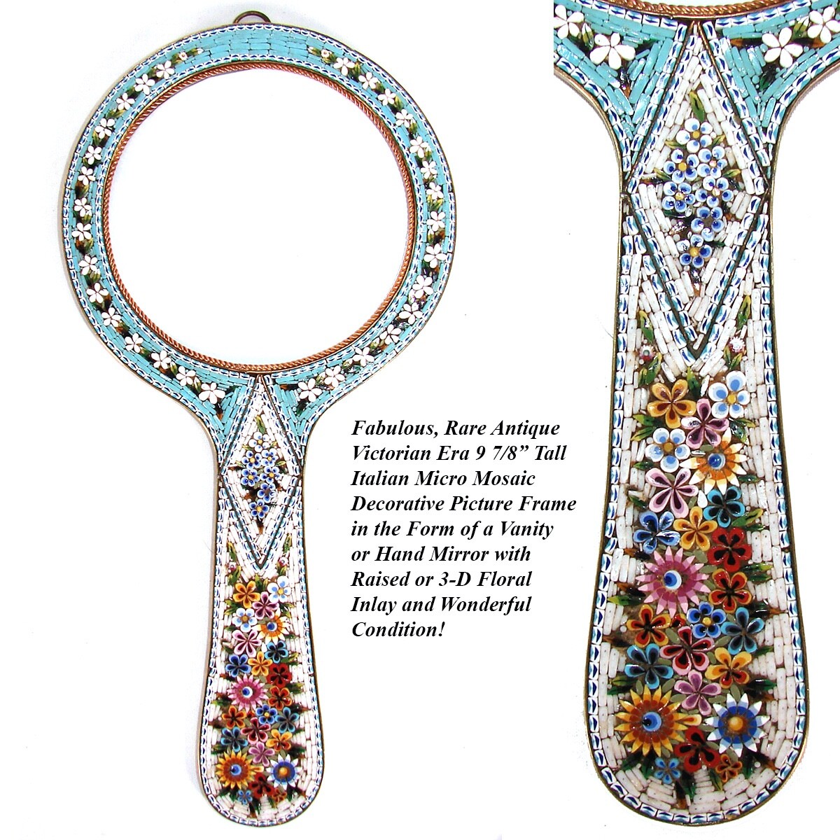 Antique Italian Micro Mosaic 9 7/8" Picture Frame, Vanity or Hand Mirror Shape