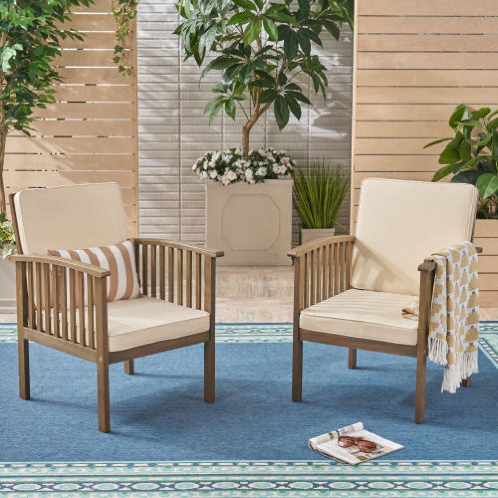 Acacia Wood Outdoor Club Chair Set w/ Side Table, Cream & Gray Cushions