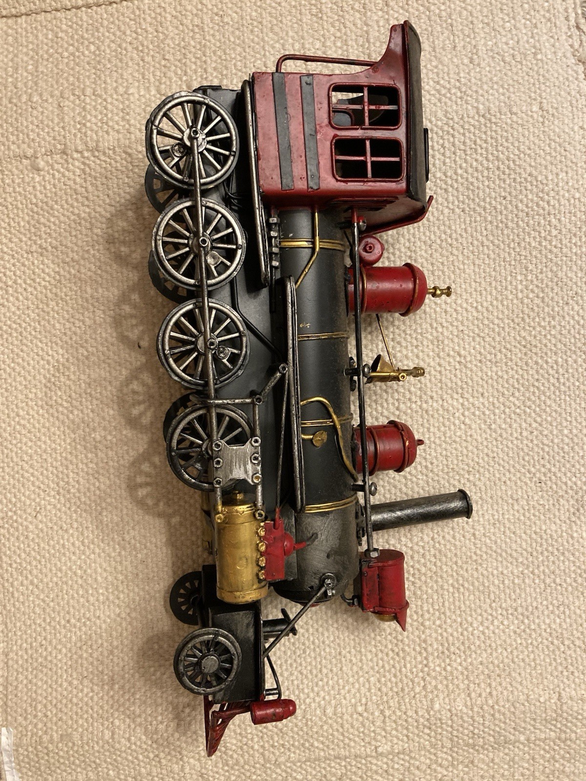 Vtg Decorative Metal Steam Locomotive Model Train Engine Red Black Gold On Base