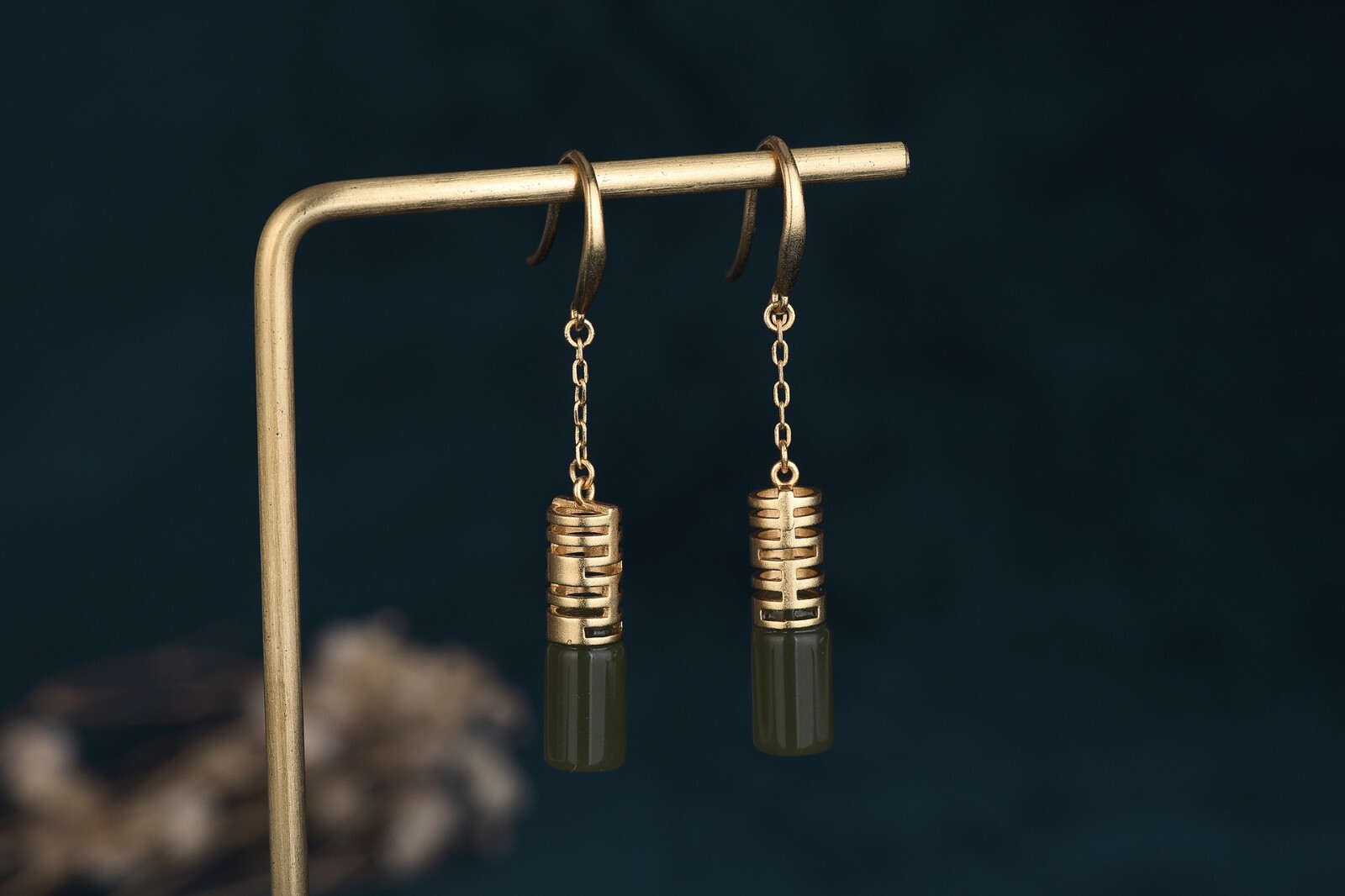 Green Jade Drop Dangle Earrings Gemstone Boho Minimalist Hook 18K Gold Plated