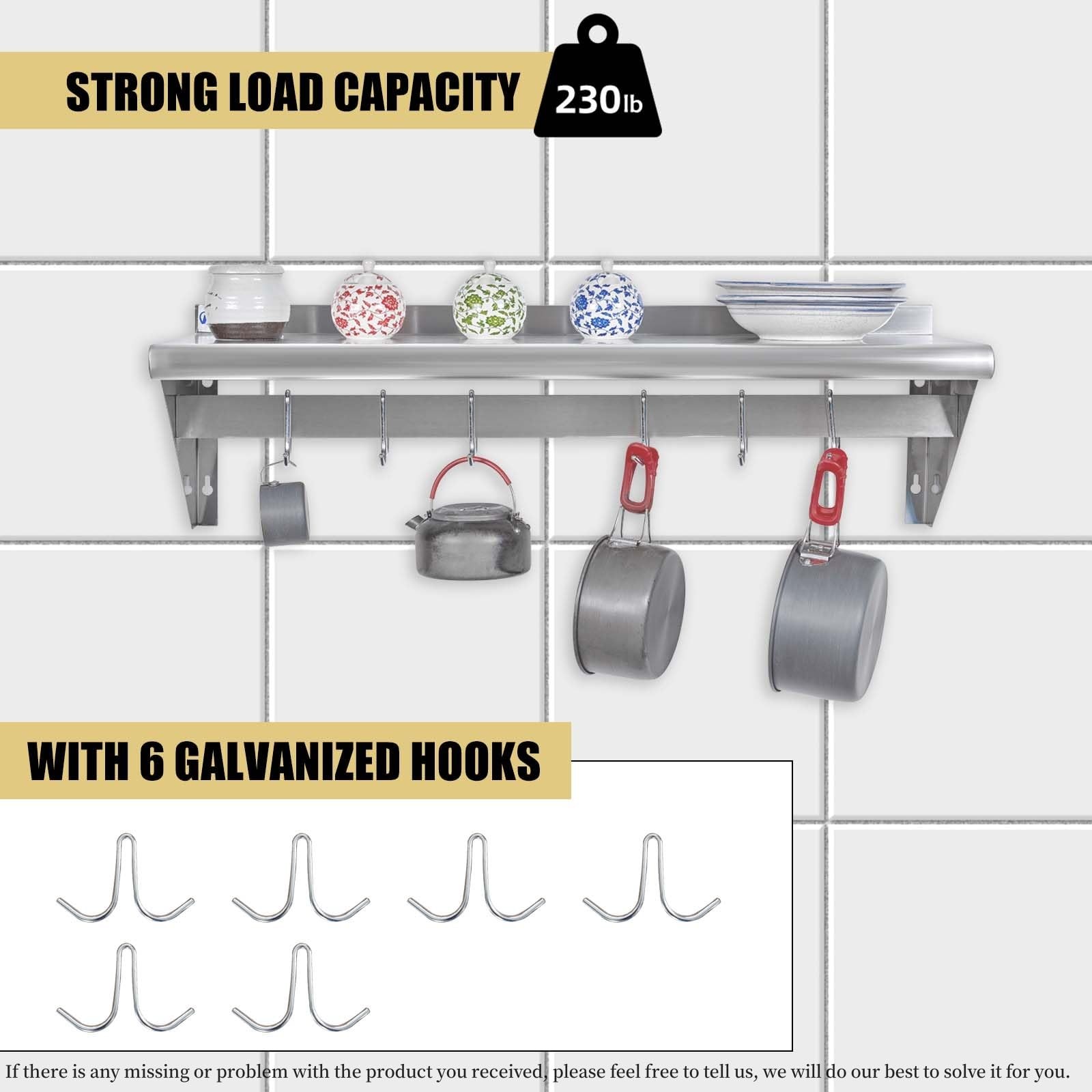 Hally Stainless Steel Shelf With 6 Hooks 12 X 36 Wall Mounted Pot Rack Nsf Com