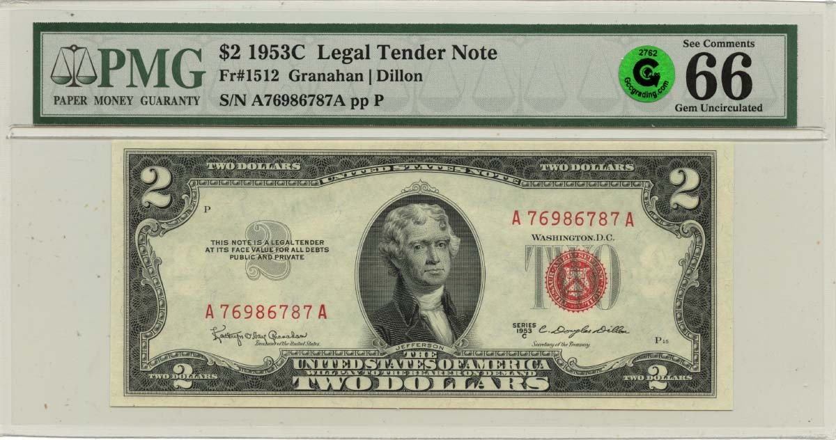1953C $2 Legal Tender Note FR#1512 PMG GEM 66 EPQ GCC Green