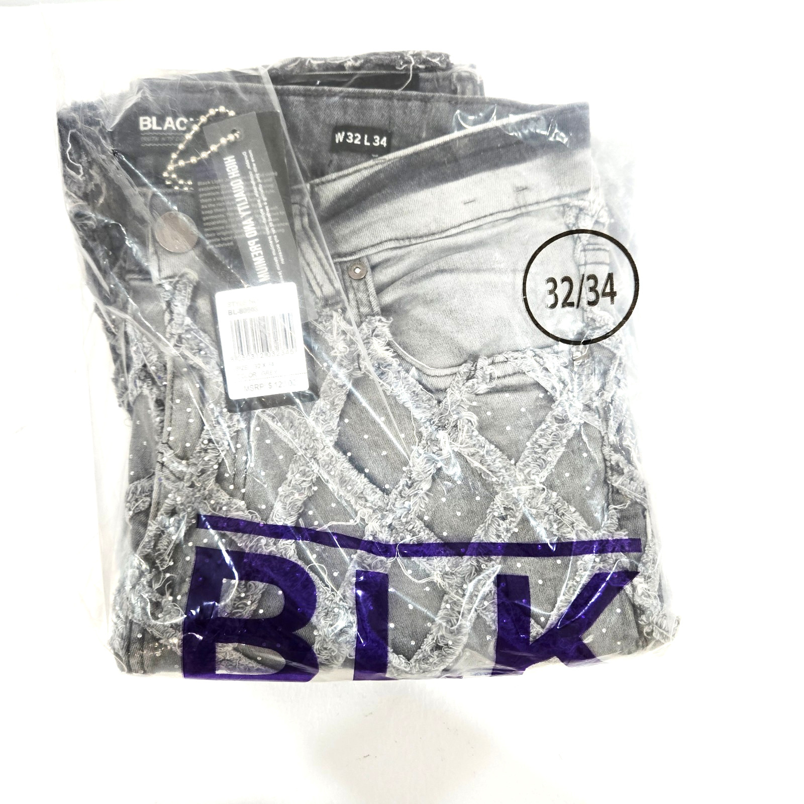 Black Light Men Jeans Stretch Slim Straight Flare Fit Grey Denim with Rhinestone