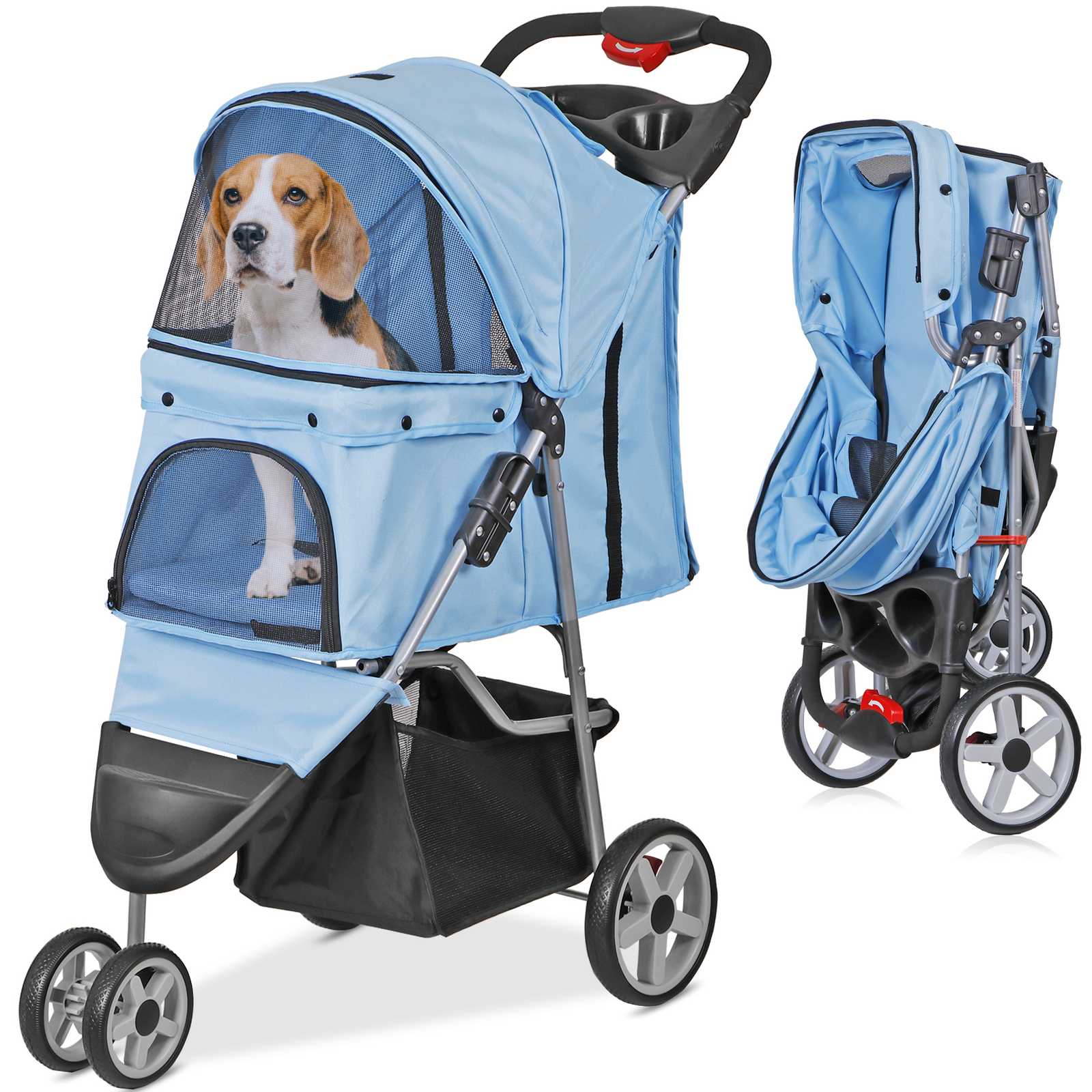 3 Wheels Pet Dog Cat Stroller for Small Medium Dogs Cats with Cup Holder Blue