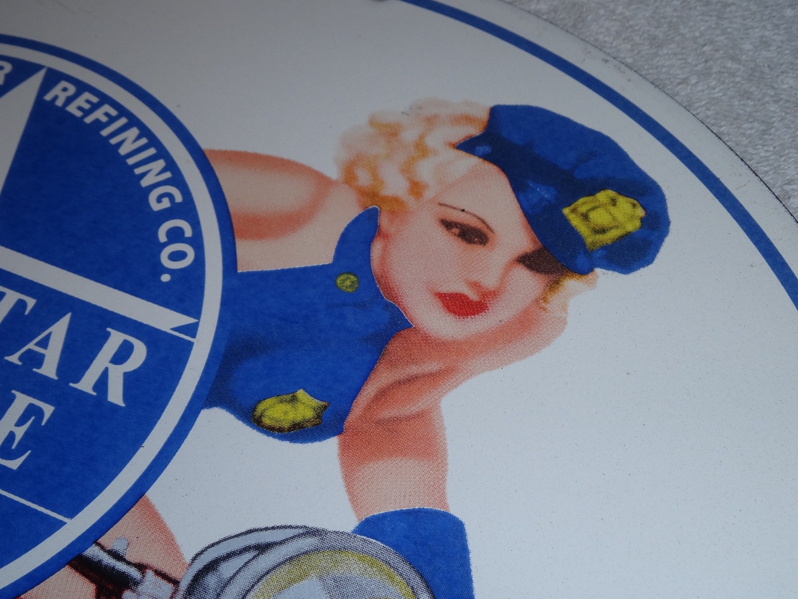 VINTAGE WHITE STAR GASOLINE "WOMAN ON MOTORCYCLE" 12" PORCELAIN METAL MOBIL SIGN